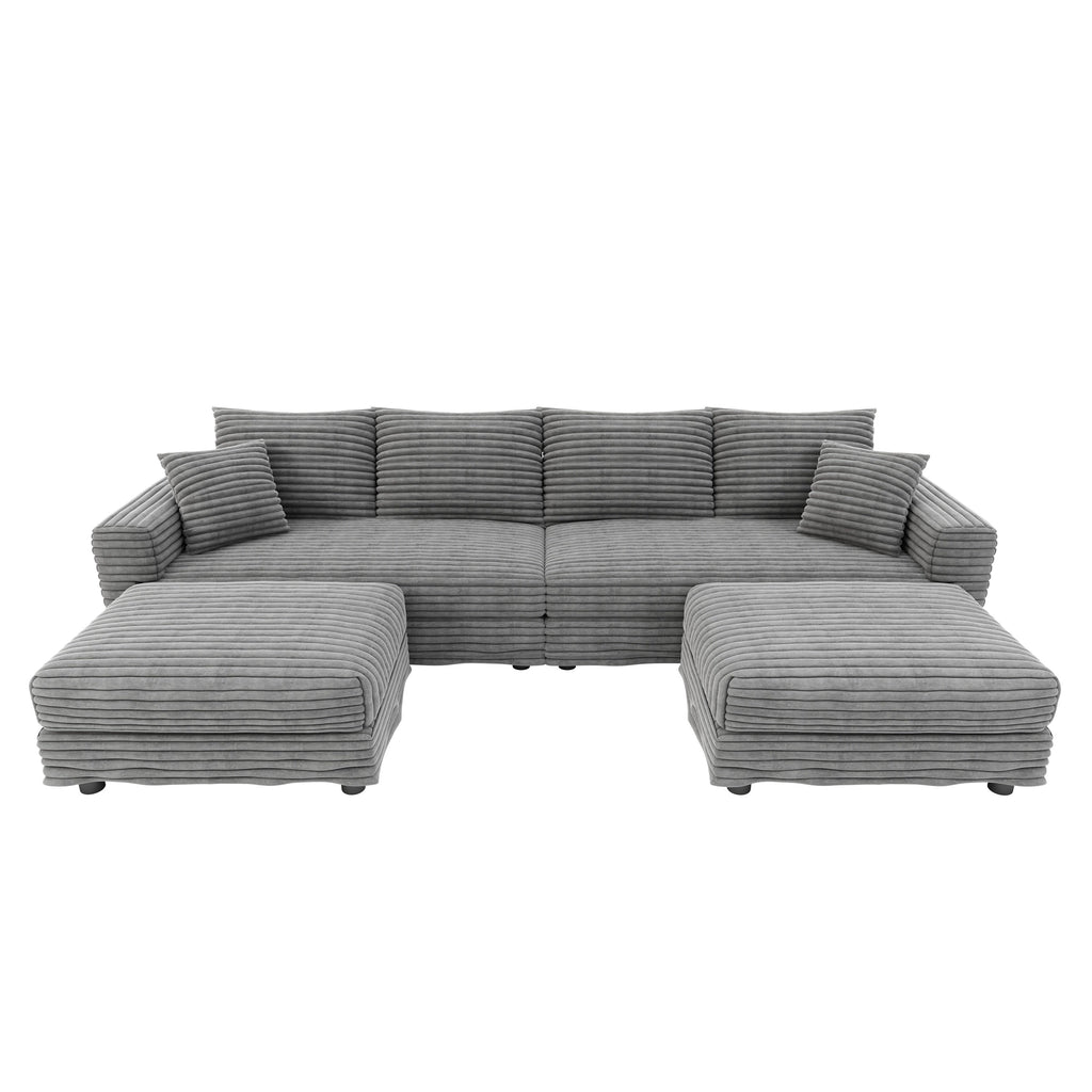 104.3 ' Plush Corduroy 4-Seat Sofa, Modern Comfy Upholstered Sofa Cloud Couch, Deep Seat Couches with Soft Pillows and 2 Ottomans, Convertible Sofa Lounge Chair, for Living Room,Apartment,Office,Grey