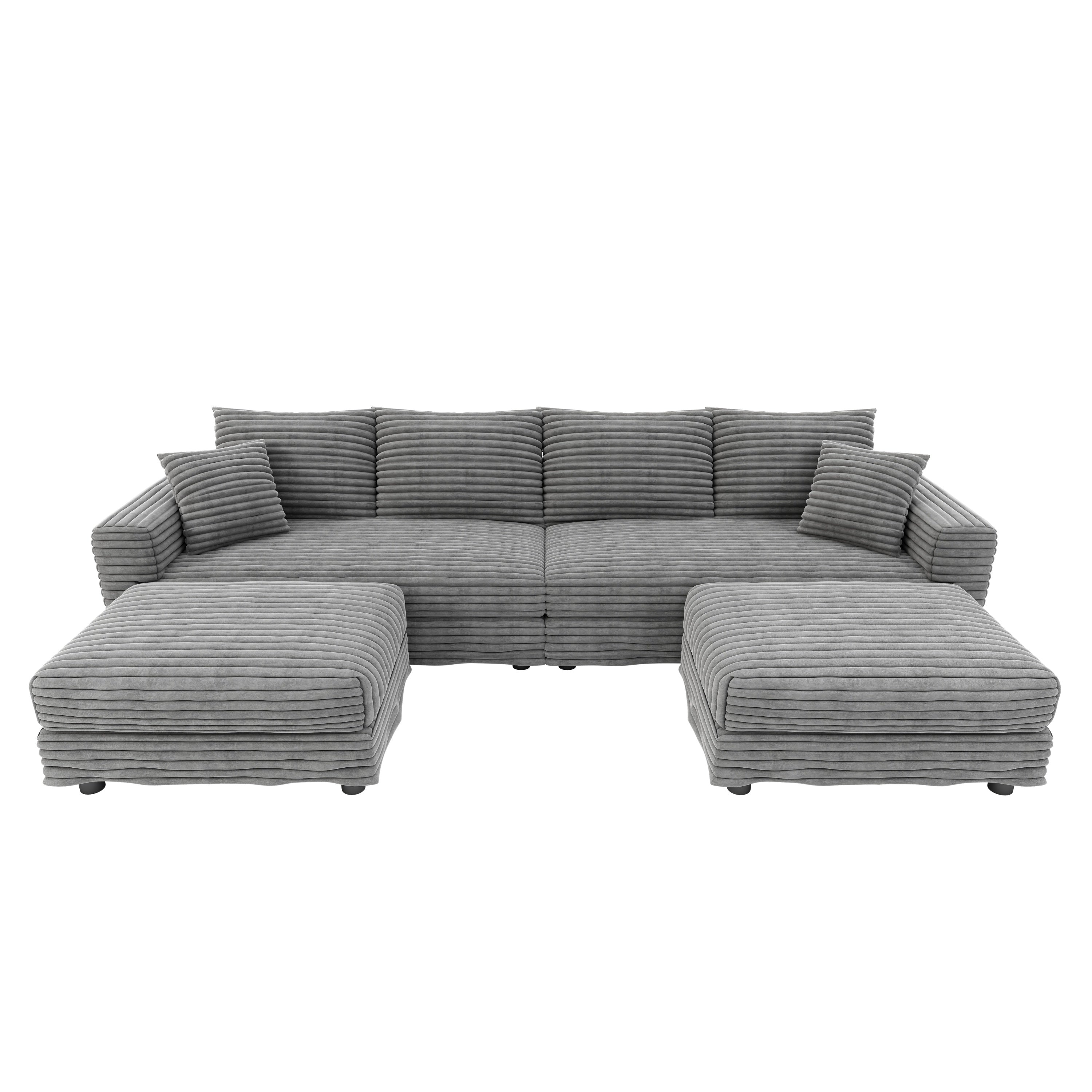 104.3 ' Plush Corduroy 4-Seat Sofa, Modern Comfy Upholstered Sofa Cloud Couch, Deep Seat Couches with Soft Pillows and 2 Ottomans, Convertible Sofa Lounge Chair, for Living Room,Apartment,Office,Grey