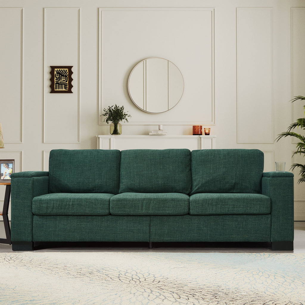 93.7' Modern Style Living Room Sofa Fabric Couch,Square Arm Sofa with Cup Holder,Storage Sofa,Upholstered Polyester Green.