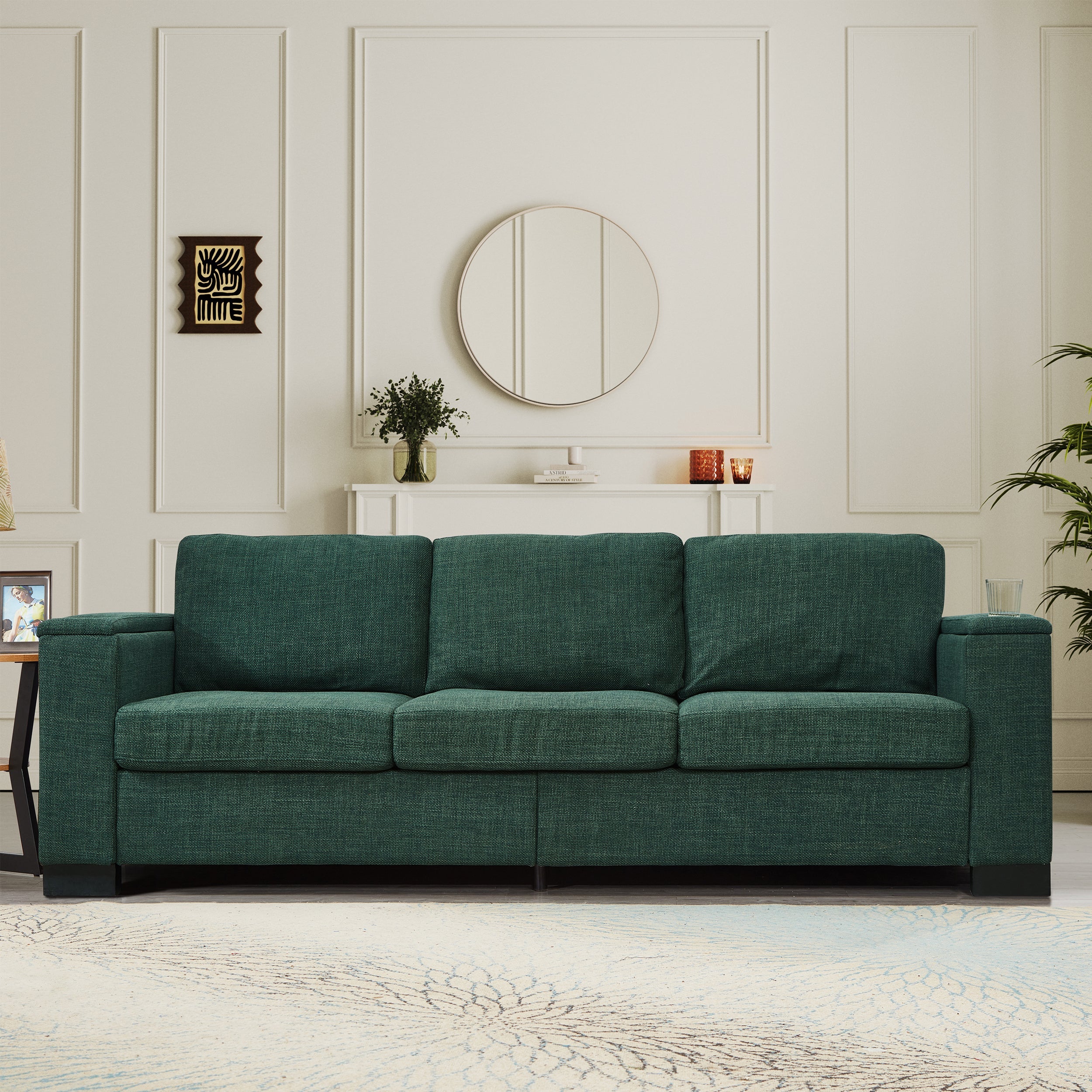 93.7' Modern Style Living Room Sofa Fabric Couch,Square Arm Sofa with Cup Holder,Storage Sofa,Upholstered Polyester Green.