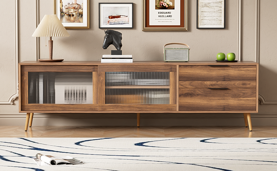 Modern TV Stand for 75'+ TV, TV Console with 2 Glass Doors, Entertainment Center with 2 Drawers & Storage Cabinet, 70' Media Console Table for Living Room, Bedroom