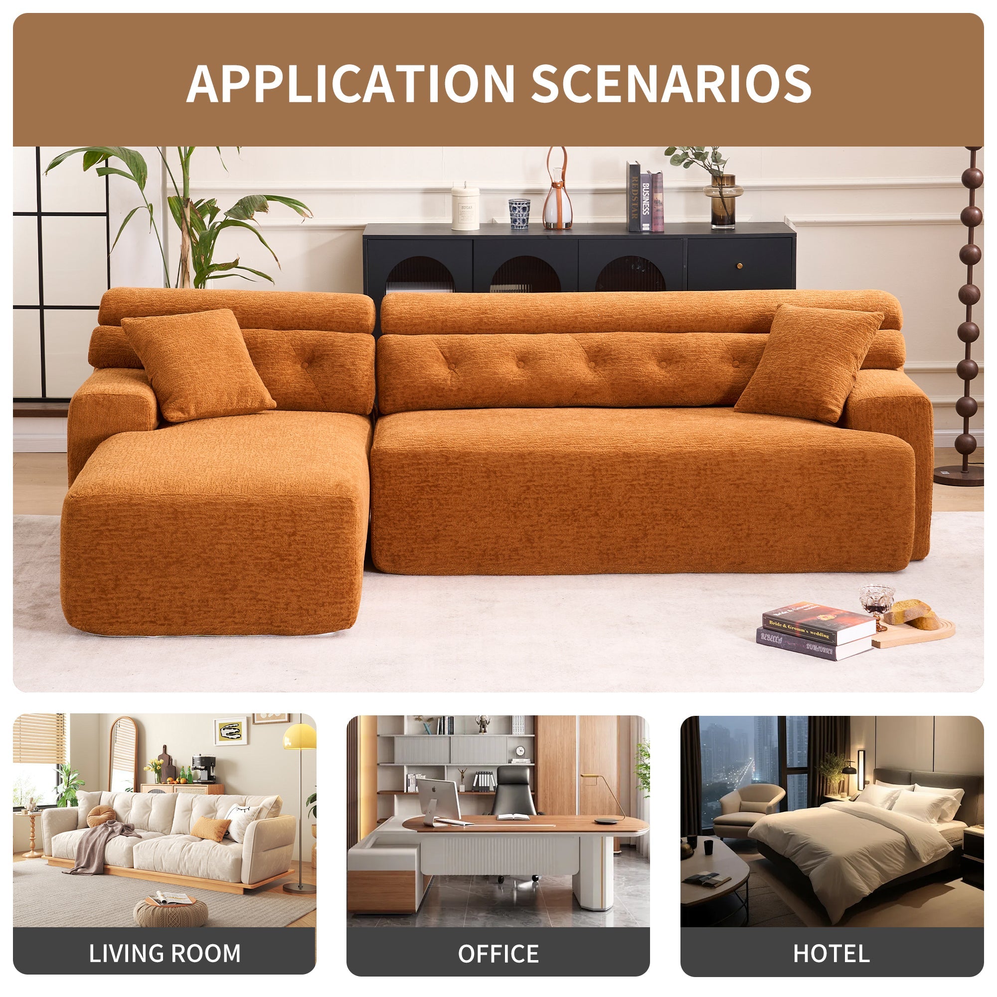 LY-029B Convertible Chaise Sectional Sofa, Full Compression Sponge Modular Couch for Apartment Living Room,Orange 3-Seater with Wood Grain Chenille, 2 Pillows Included, 86'L