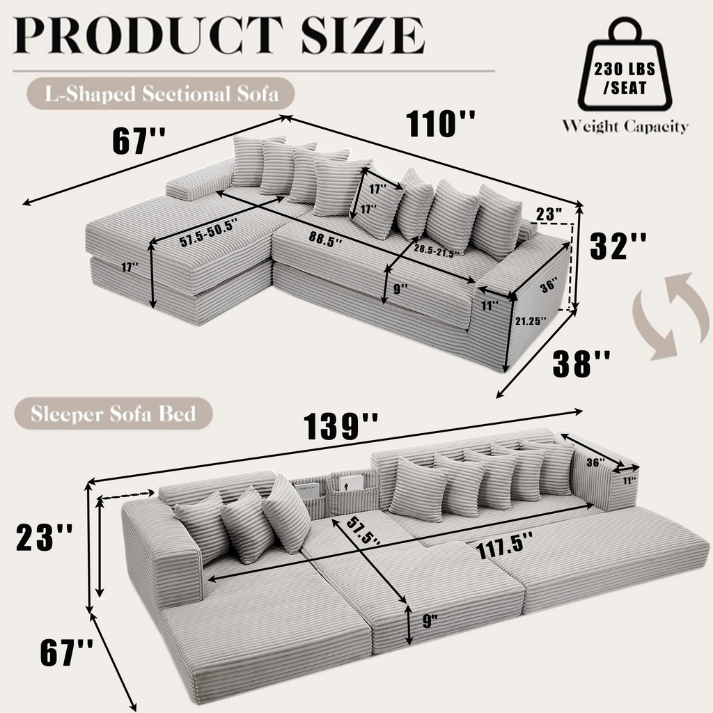 [NEW ARRIVED] [VIDEO PROVIDED]   Oversize Cloud Couch, L-Shape Sofa, Convertible Floor Sleeper Sofa Bed,  No Assembly ,Eight pillows,3-in-1,Side Pocket,(Left Facing Sofa),3 Seat,Corduroy,Light Gray