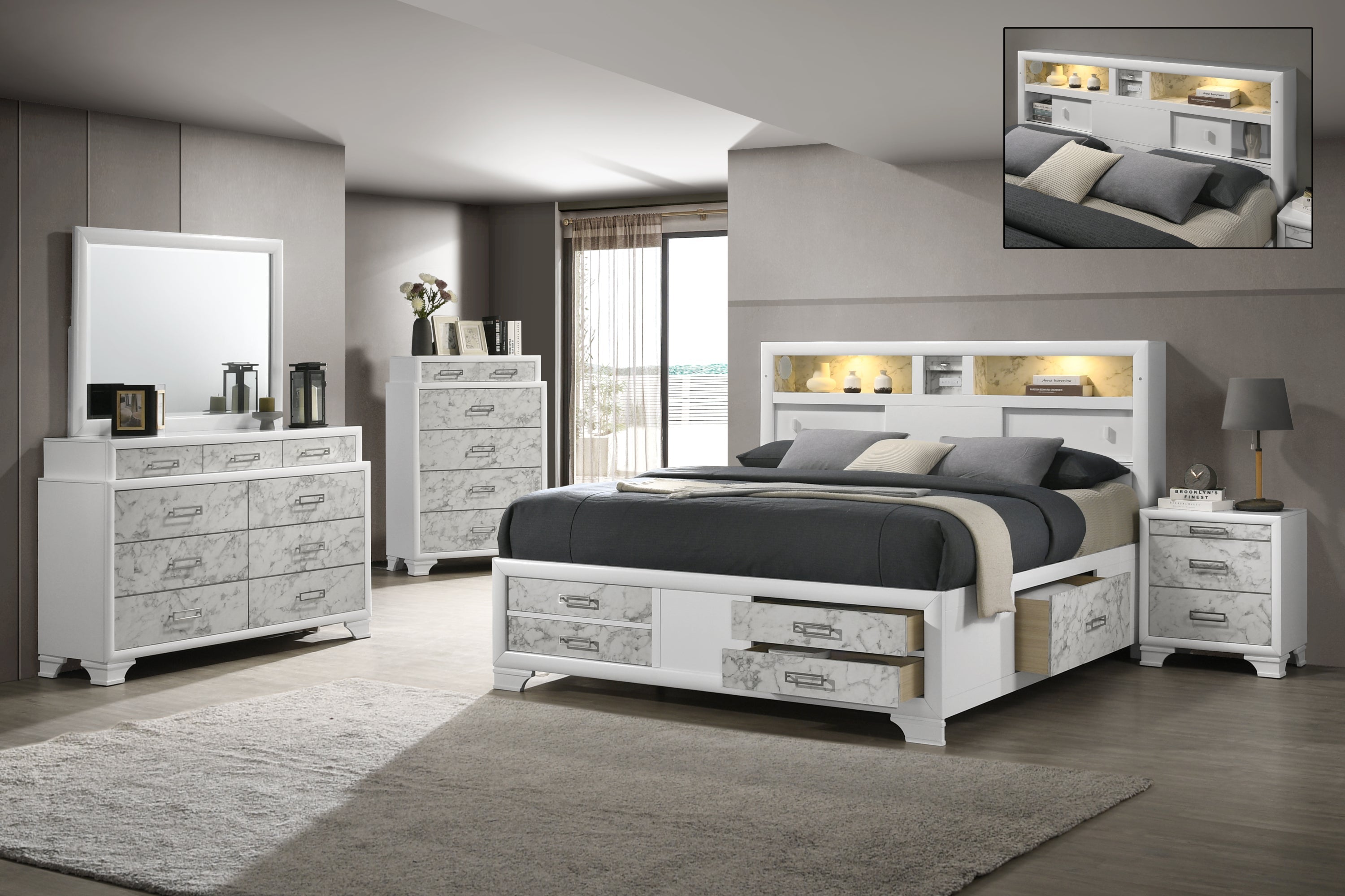 Soul Modern style Full 5PC bedroom set made with wood and Drawers in white