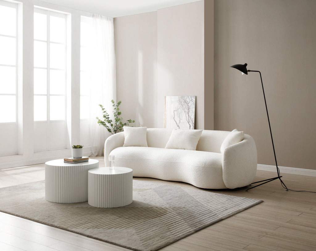 Mid Century Modern Curved Living Room Sofa, 4-Seat Boucle Fabric Couch for Bedroom, Office, Apartment, off white(beige and white)