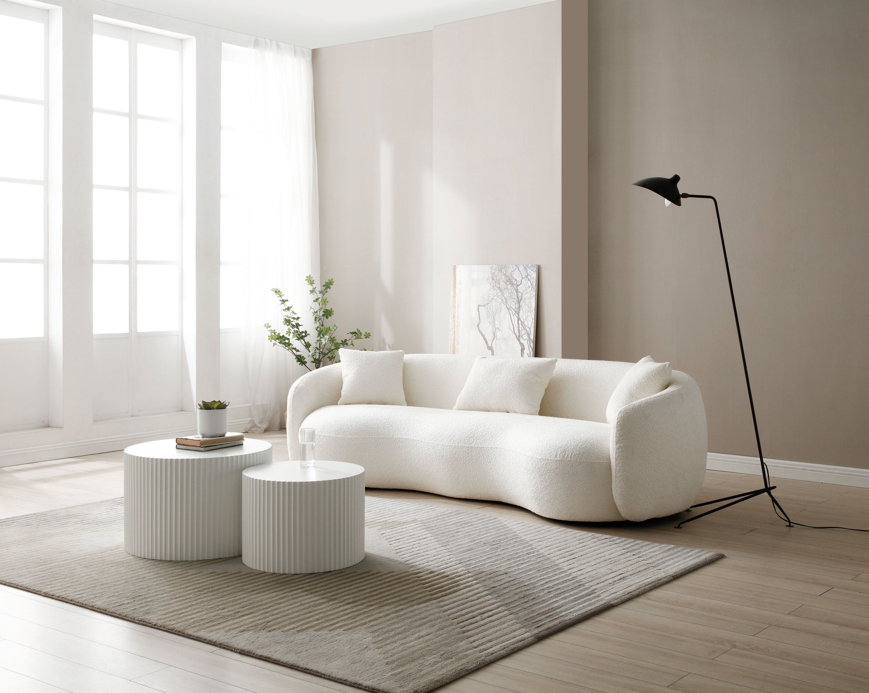 Mid Century Modern Curved Living Room Sofa, 4-Seat Boucle Fabric Couch for Bedroom, Office, Apartment, off white(beige and white)