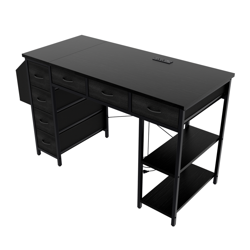 47.3' Computer Desk with 7 Drawers, Extra Large Side Pocket, and Power Outlets – Ideal for Home Office, Study, or Gaming –  Black