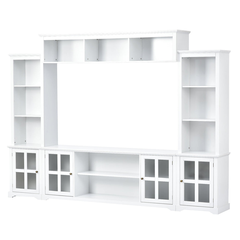 [VIDEO provided] ON-TREND Minimalism Entertainment Wall Unit with Bridge, Modern TV Console Table for TVs Up to 70', Multifunctional TV Stand with Tempered Glass Door, White (Old SKU: SD000009AAK)