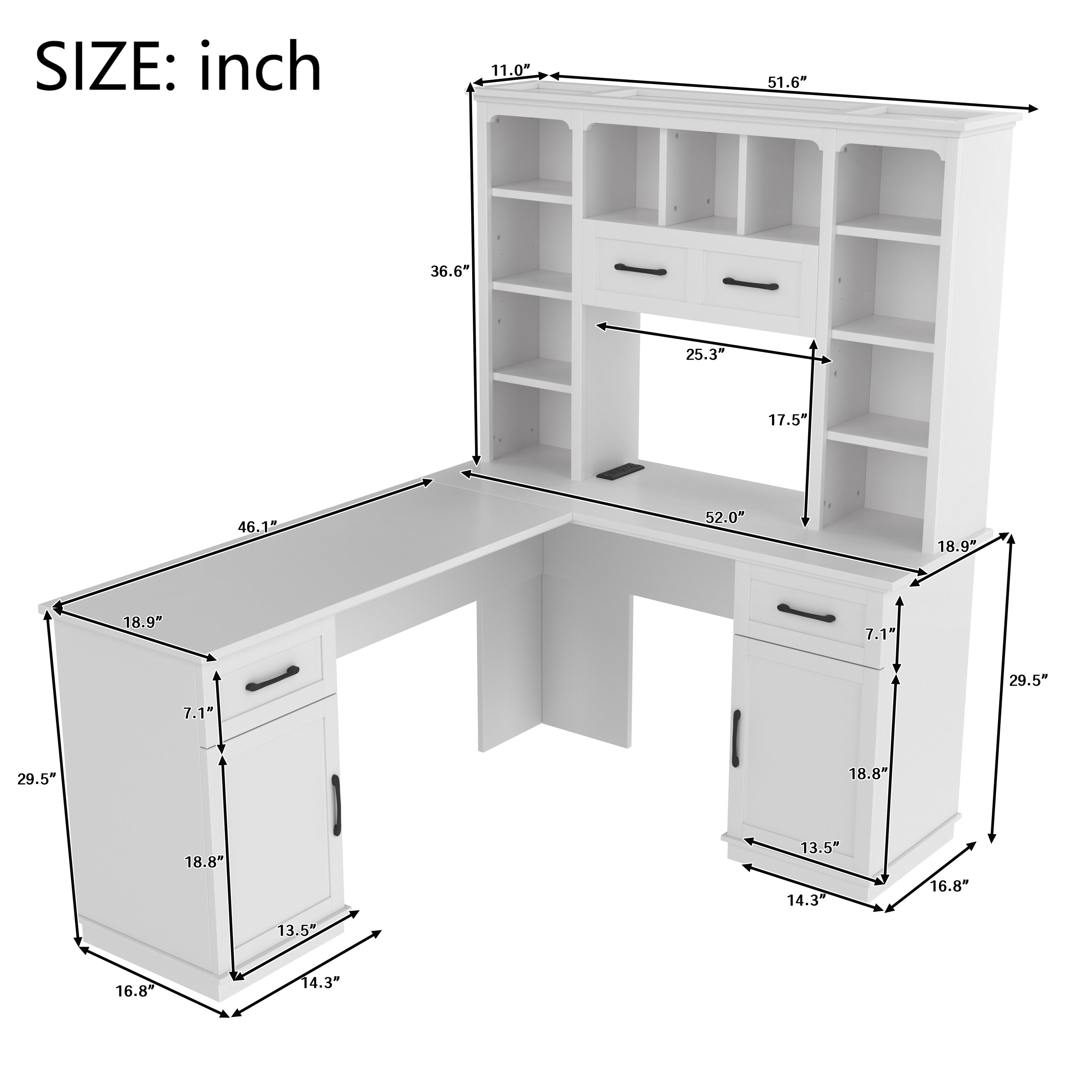 L-Shaped Computer Desk with 2 Cabinets and 2 Drawers, 11 Open Shelves , with Electrical Outlet, for Study, Living Room and Office, White