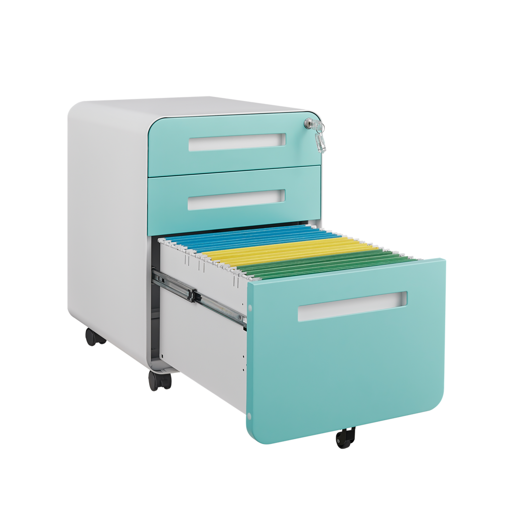 Simple Style 3 Drawer Mobile File Cabinet Under Desk Office Storage in White+Green, Metal, 18x15.75x22.83 inches