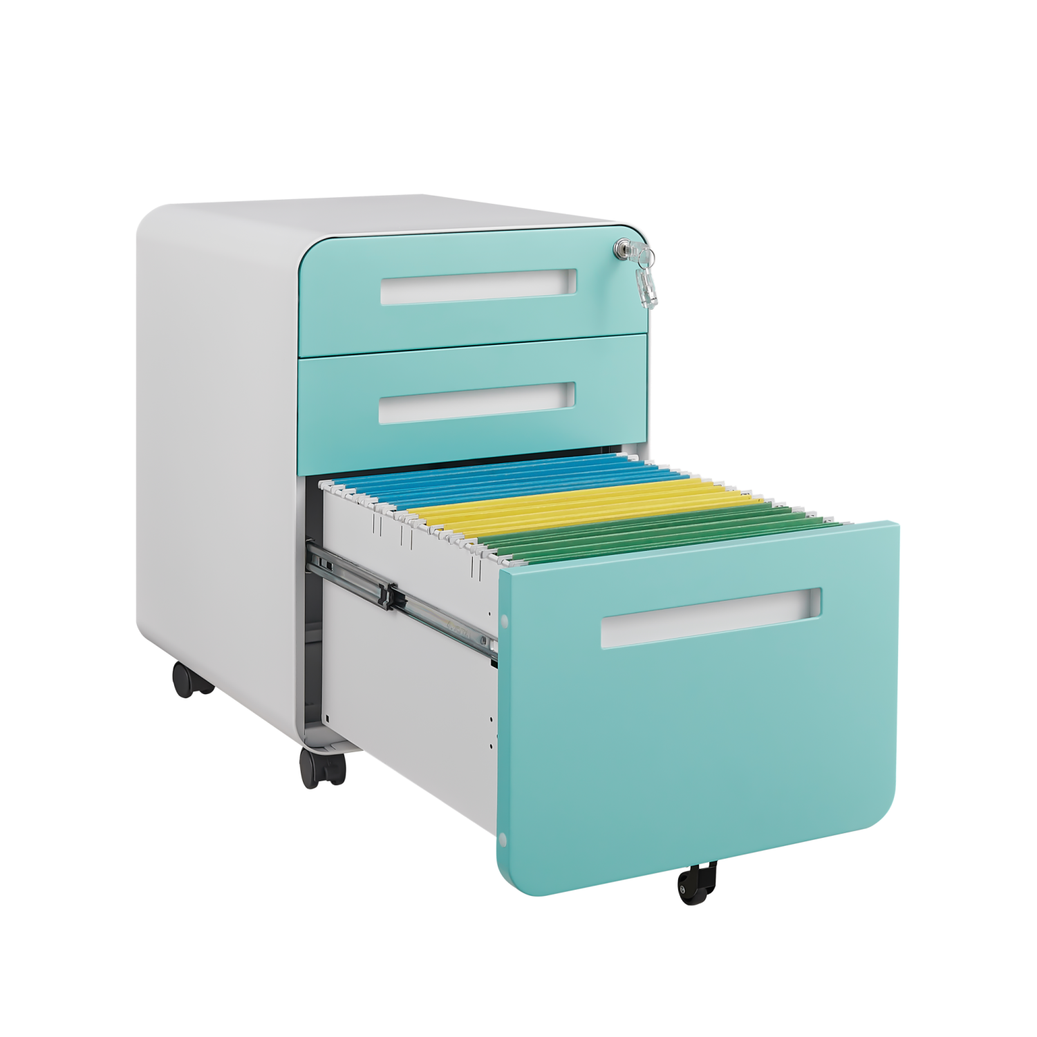 Simple Style 3 Drawer Mobile File Cabinet Under Desk Office Storage in White+Green, Metal, 18x15.75x22.83 inches