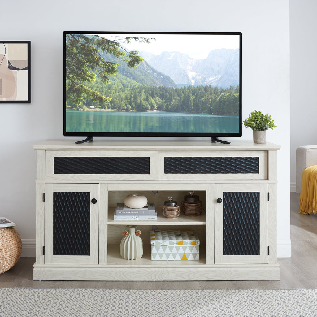 Embossed Pattern TV Stand, TV and Media Console with Open and Closed Storage Space and sliding door for Living Room & Bedroom,White, 58.27'W*15.35'W*31.7H