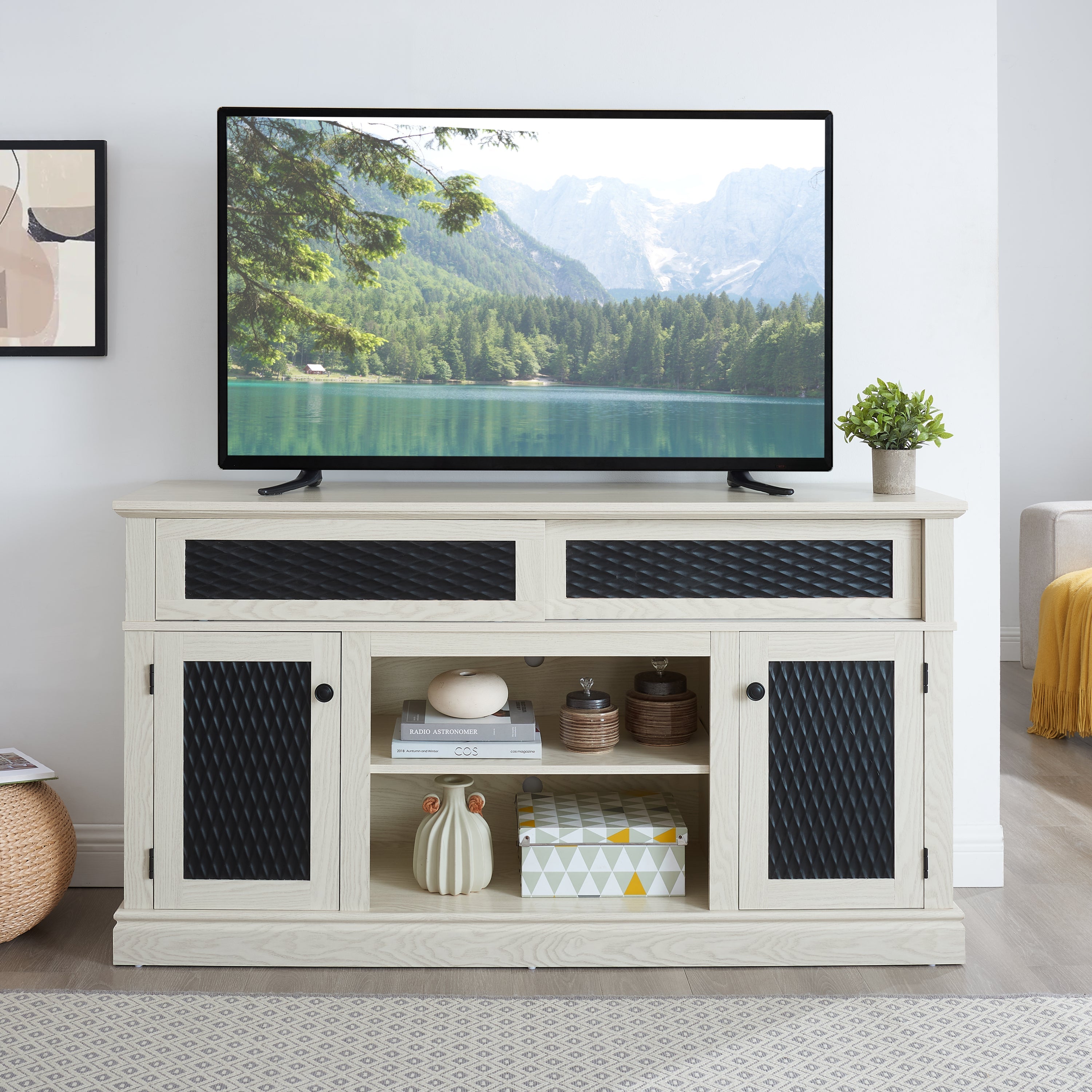 Embossed Pattern TV Stand, TV and Media Console with Open and Closed Storage Space and sliding door for Living Room & Bedroom,White, 58.27'W*15.35'W*31.7H
