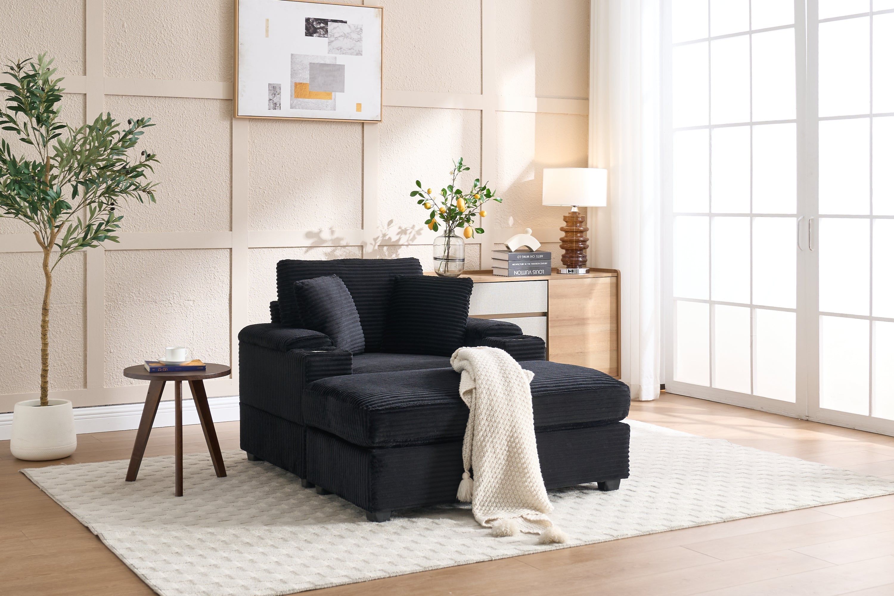 [VIDEO/New]Corduroy Upholstered Chaise Lounge Sofa with Handrail storage,Movable ottoman,Cupholders,Detachable Cushions Deep Seat for Living Room Office,5 colour,Wide stripe corduroy