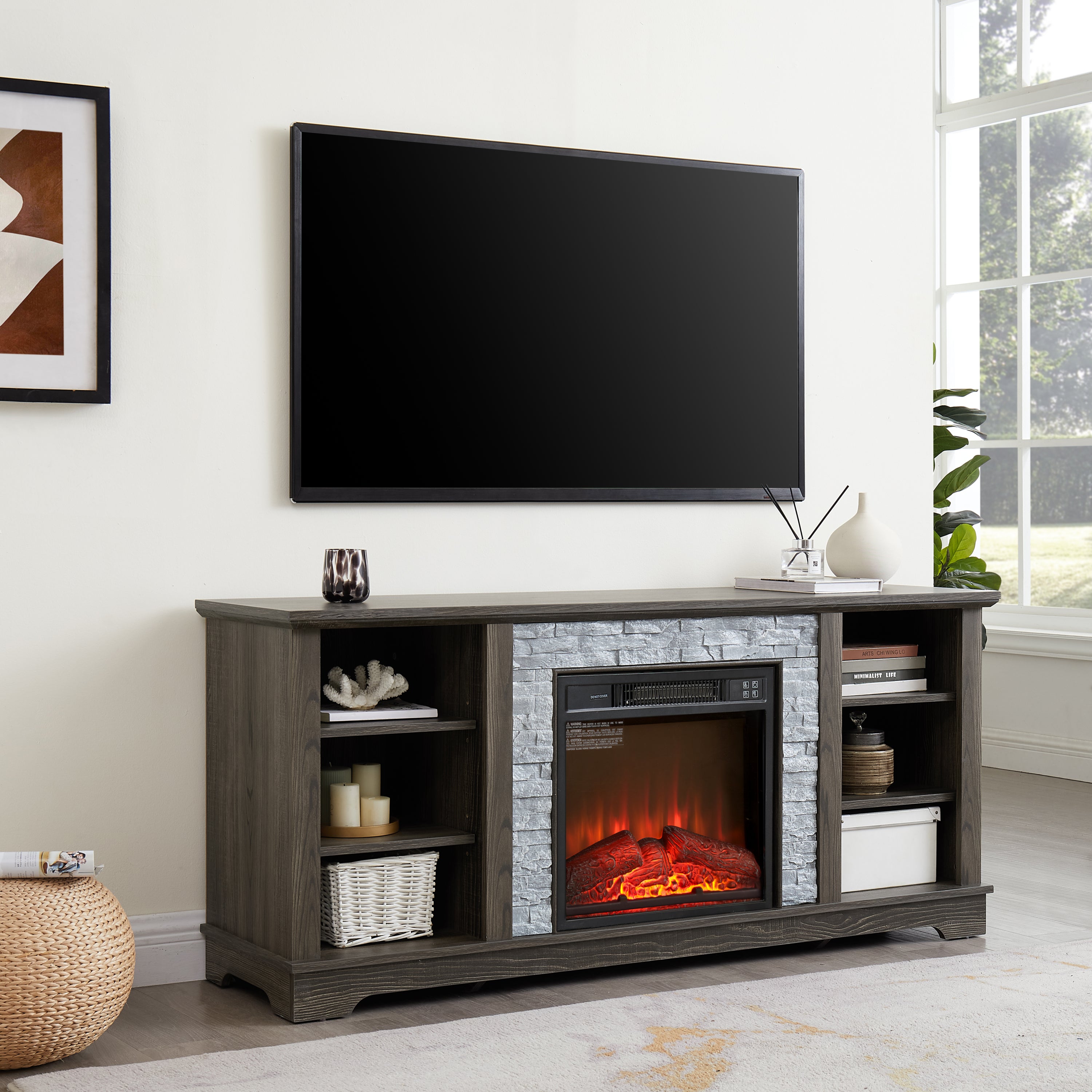 Mantel Electric Fireplace Stone TV Media Stand with Faux Stacked Stone Surround, Modern Entertainment Console with Open Storage Space with 18' Fireplace Insert ,Grey, 58.31'W*15.39'D*26.06'H