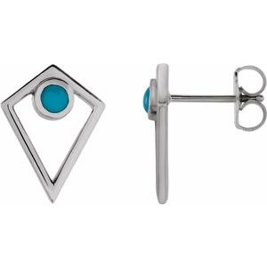 14K White Gold Natural Turquoise Cabochon Pyramid Earrings