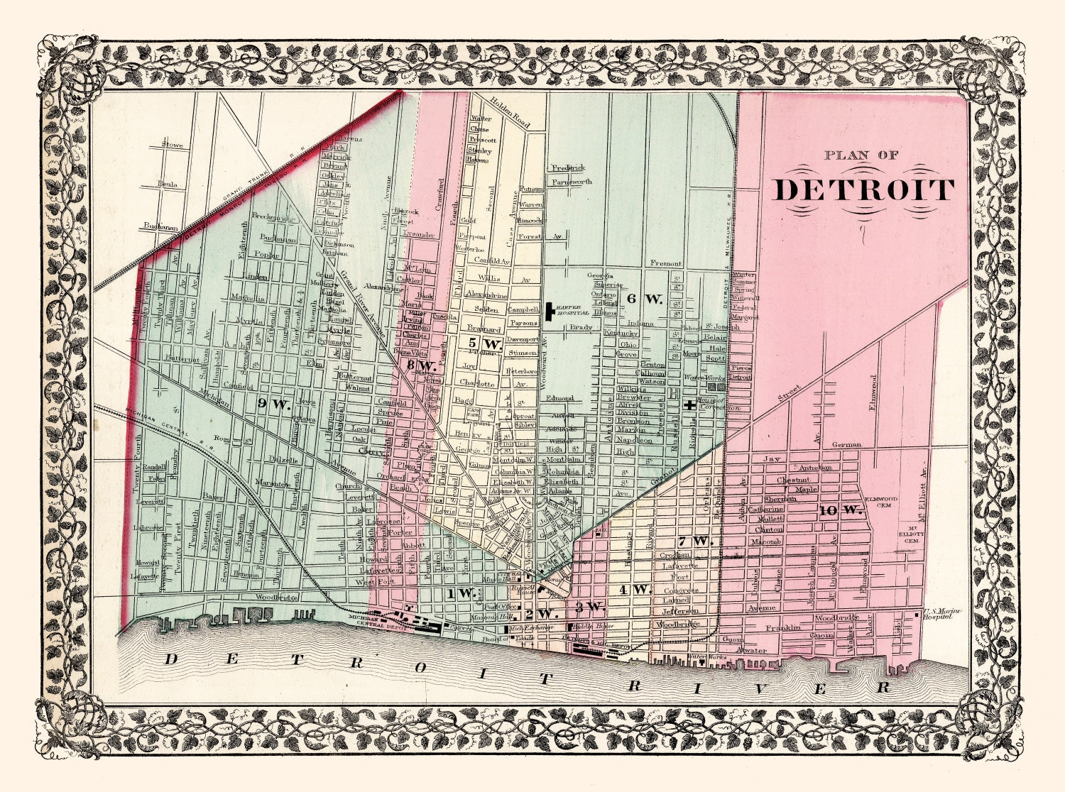 Vintage Map of Detroit, Michigan 1877