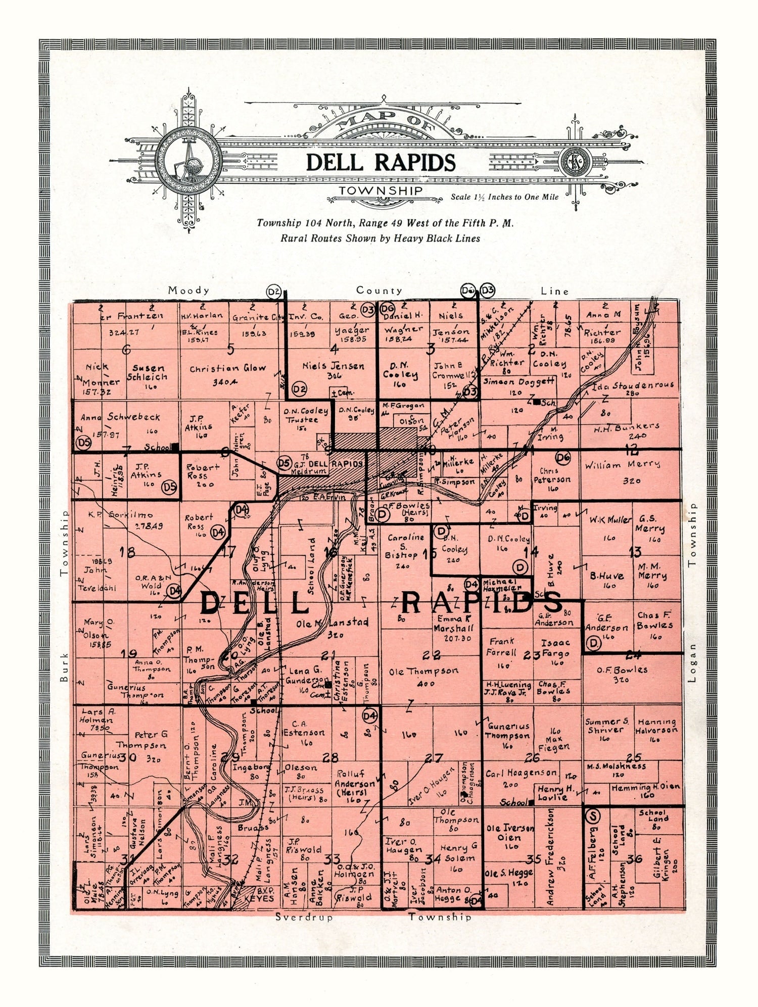 Vintage Map of Dell Rapids Township, Minnehaha County, South Dakota 1913