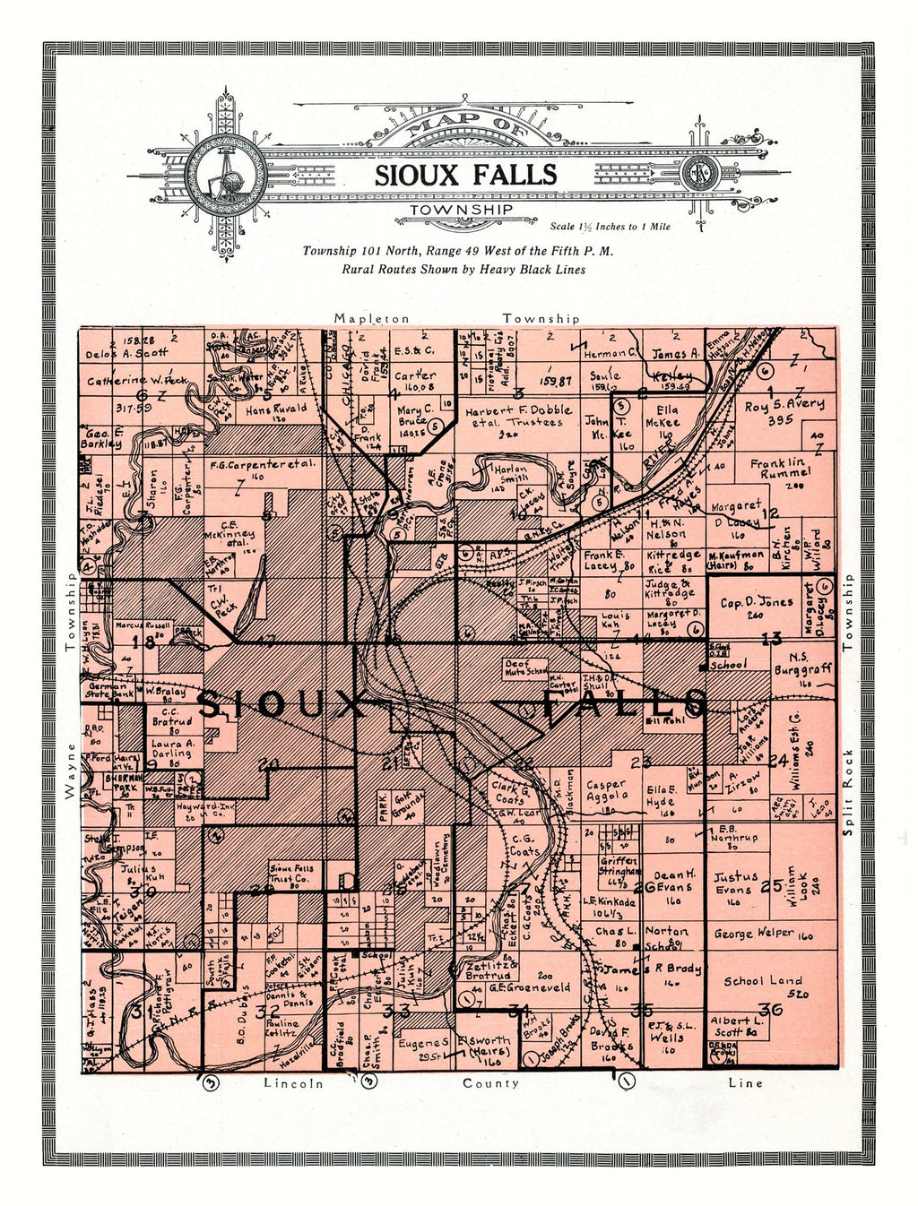 Vintage Map of Sioux Falls Township, Minnehaha County, South Dakota 1913