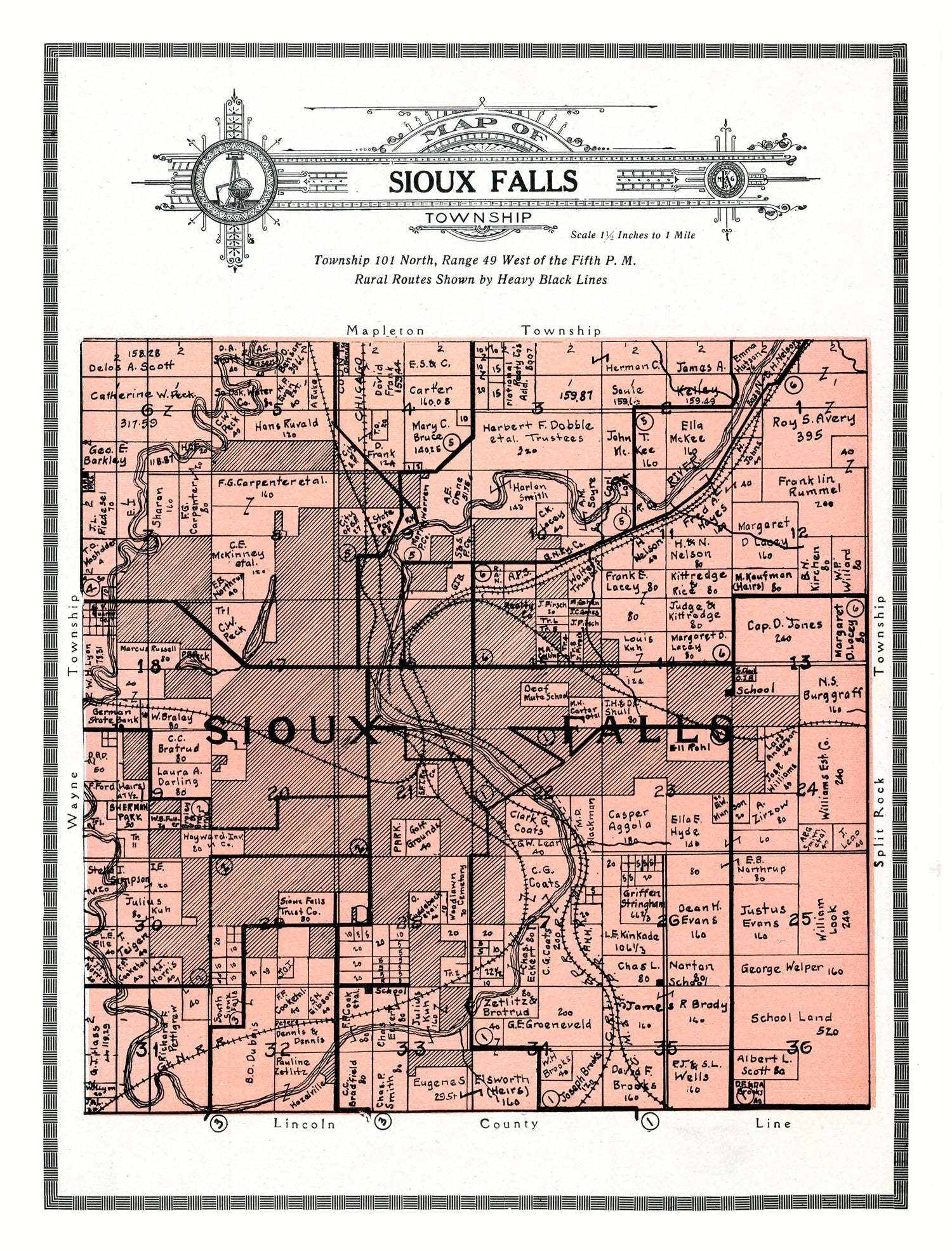 Vintage Map of Sioux Falls Township, Minnehaha County, South Dakota 1913