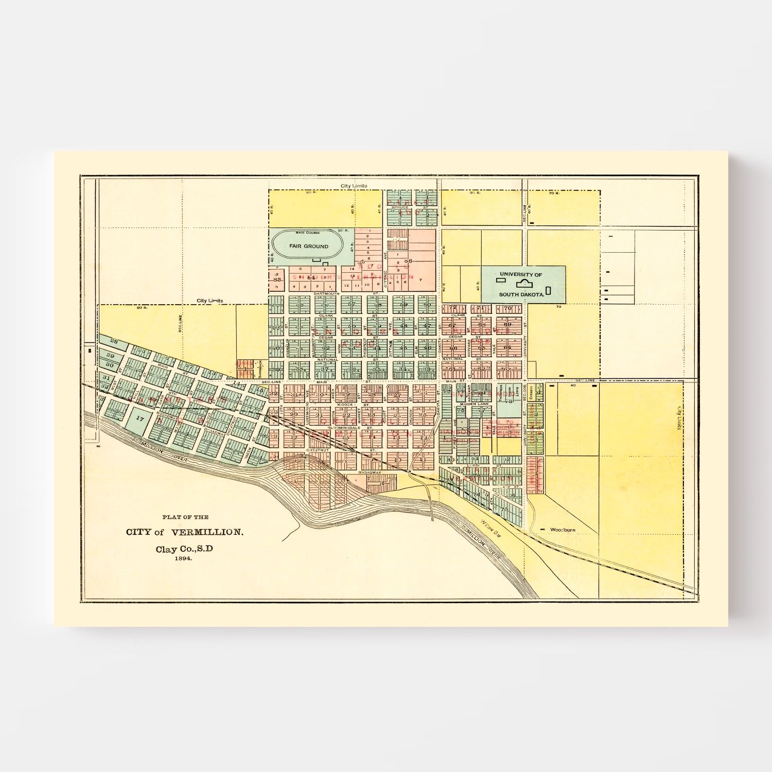 Vintage Map of Vermillion, South Dakota 1894