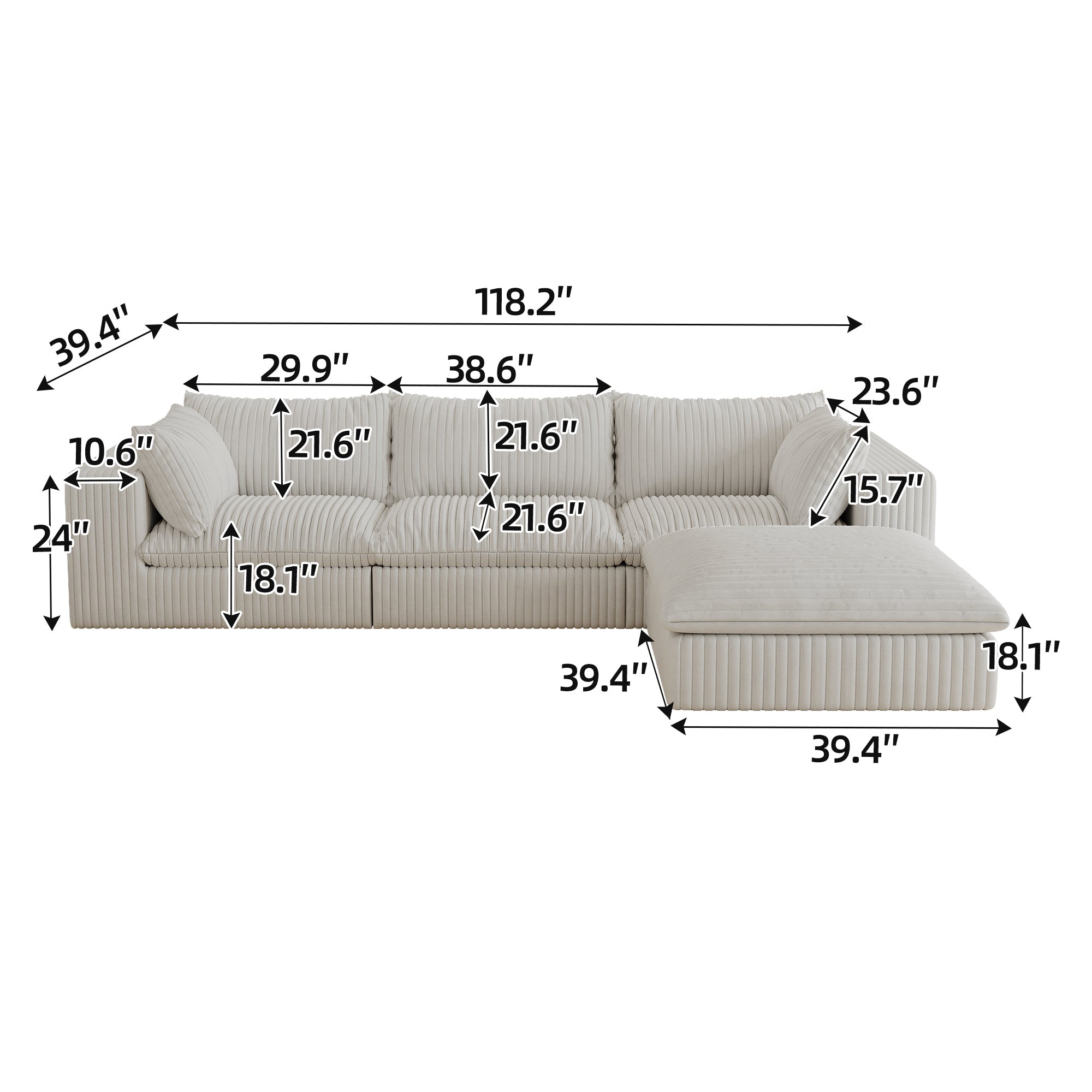 118.2' Cloud Sofa,Corduroy Fabric,Deep Seat Couches,Double-layer design,Removable Cushion,No Assembly, DIY Combination for Living room, Bedroom,Conference room ,Apartment,White