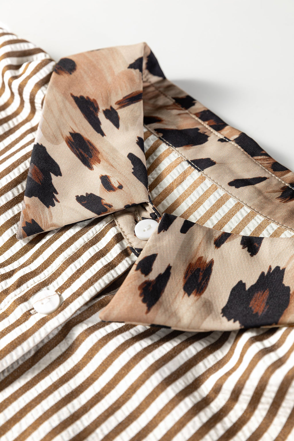 Plus Size Stripe Leopard Chest Pocket Collared Shirt