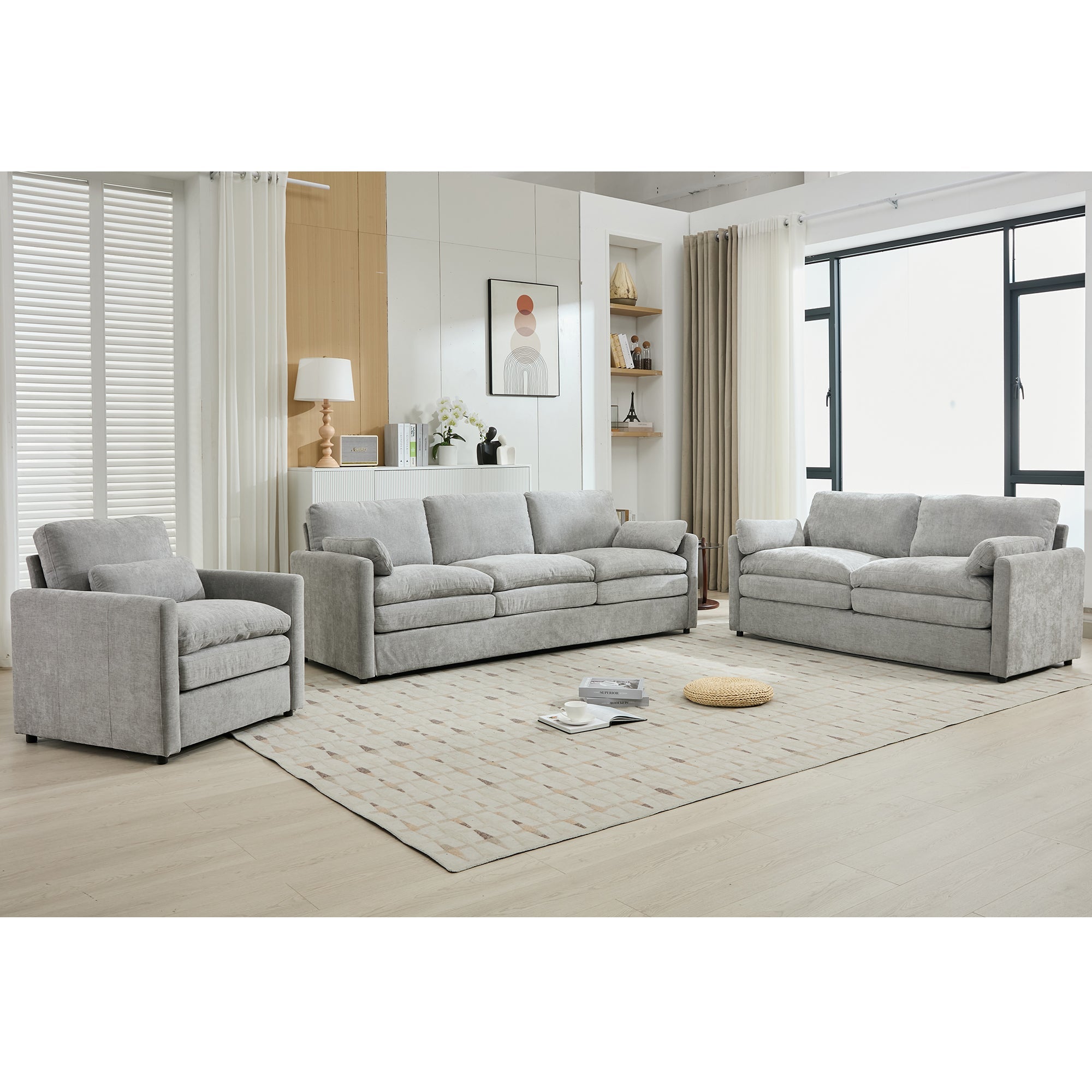 Cozy Upholstered Sofa Set with Double Cushion Design, Light Grey Chenille Fabric, Modern Living Room Couch