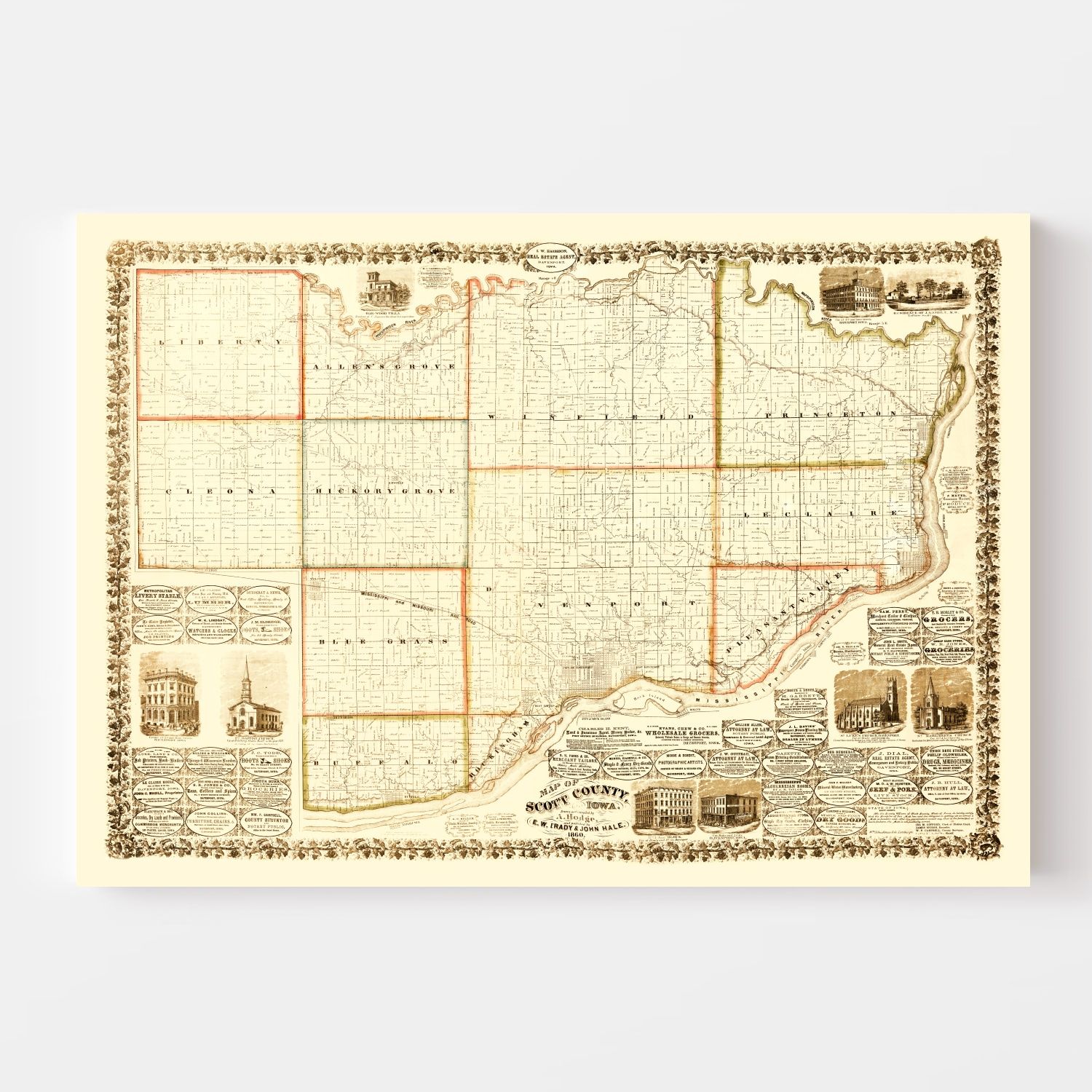 Vintage Map of Scott County, Iowa 1860