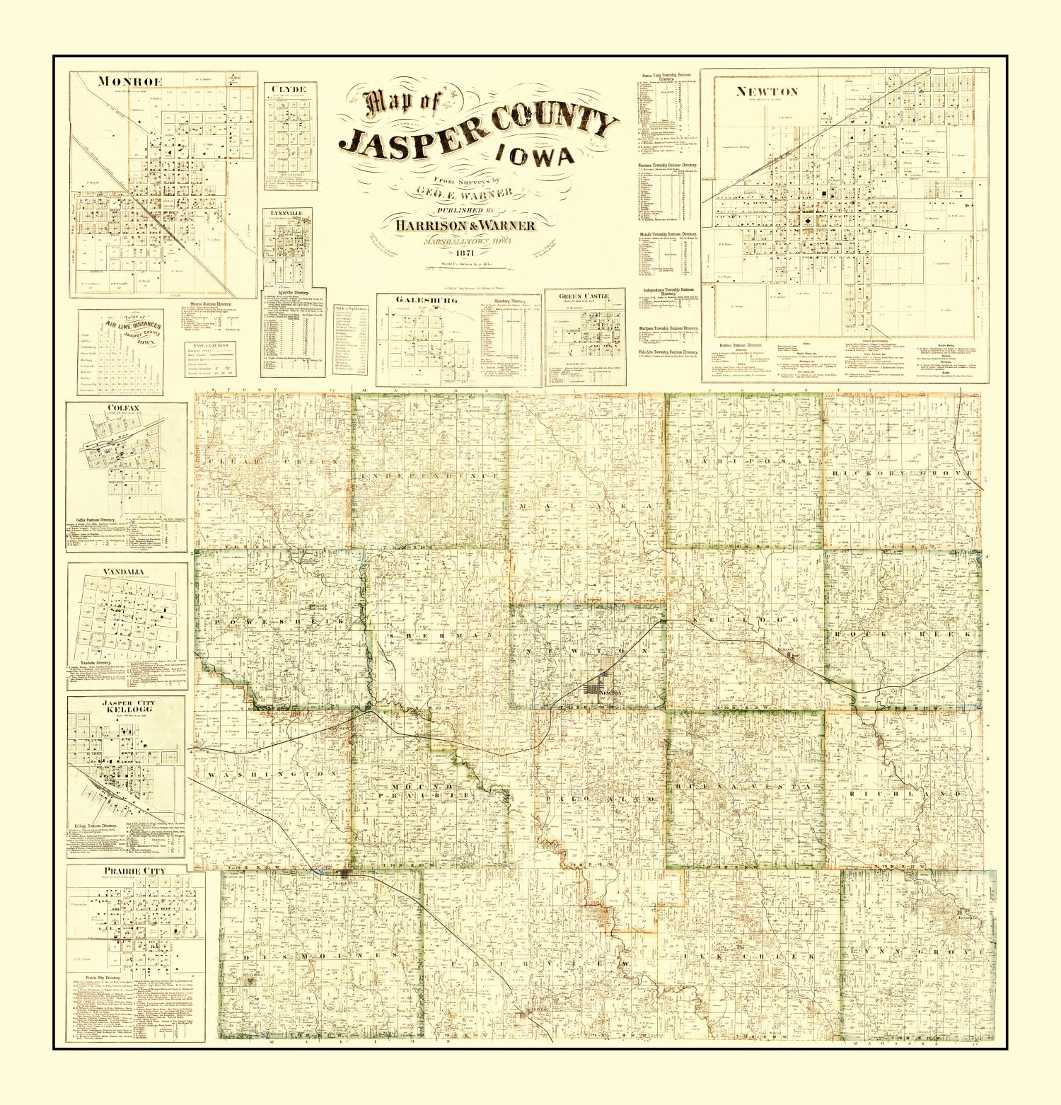 Vintage Map of Jasper County, Iowa 1871
