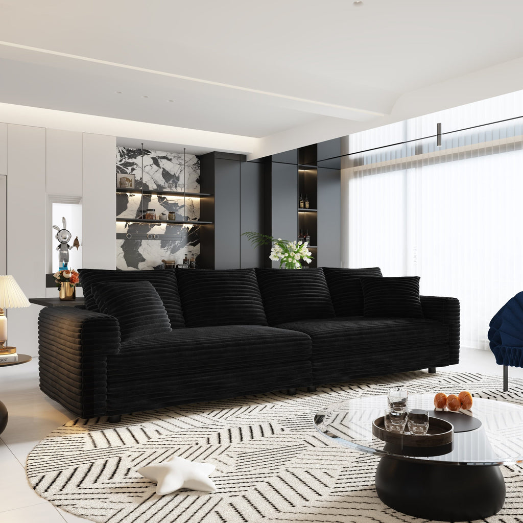 104.3 ' Plush Corduroy 4-Seat Sofa, Modern Comfy Upholstered Sofa Cloud Couch, Deep Seat Couches with Soft Pillows and 2 Ottomans, Convertible Sofa Lounge Chair, for Living Room,Apartment,Office,Black