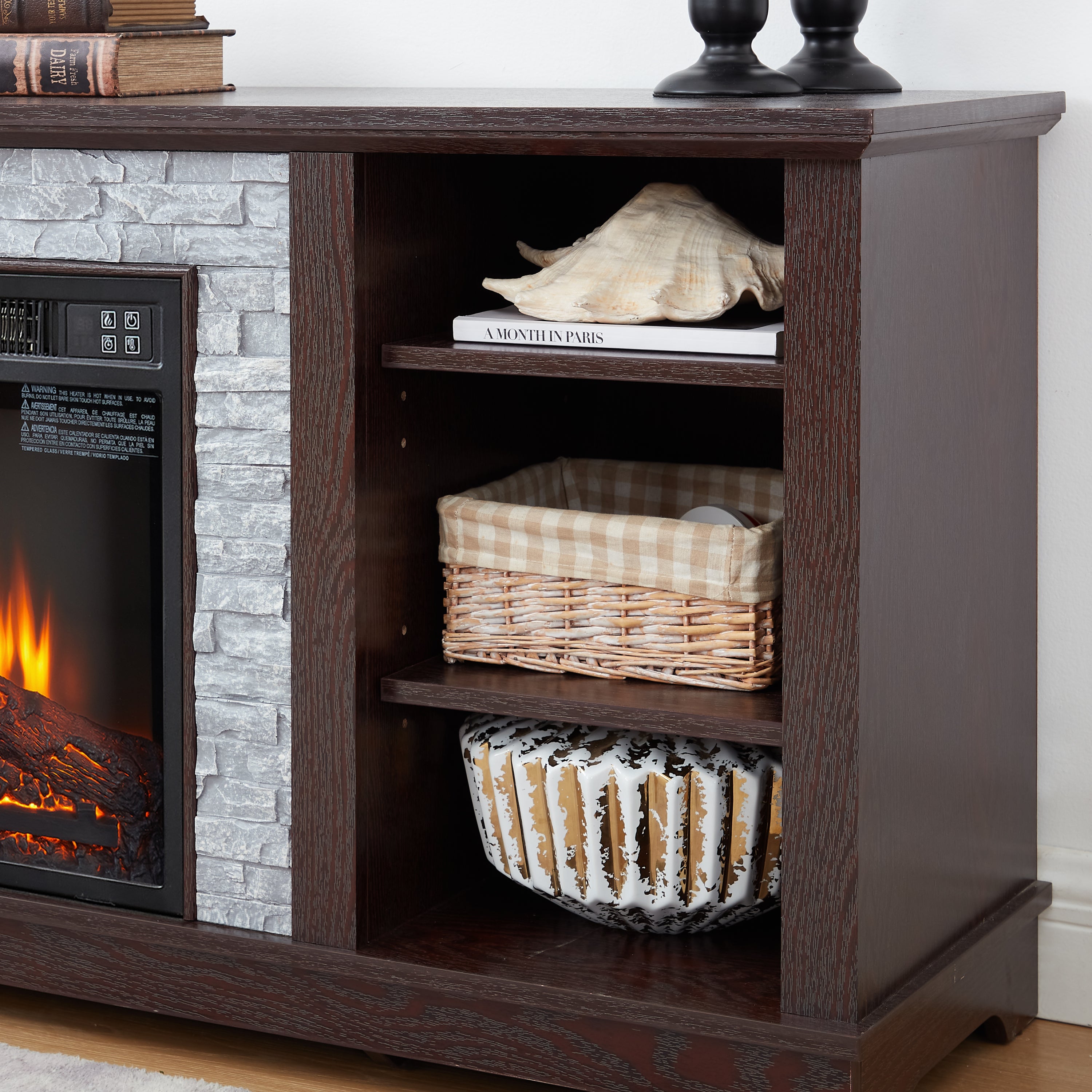 Large TV Desk Storage Rack with Faux Stacked Stone Surround,Media Console Table with Large Storage Cabinet,Modern  TV Media Stand with 23' Fireplace Insert,Cherry, 70.12'W*15.35'D*25.83'H
