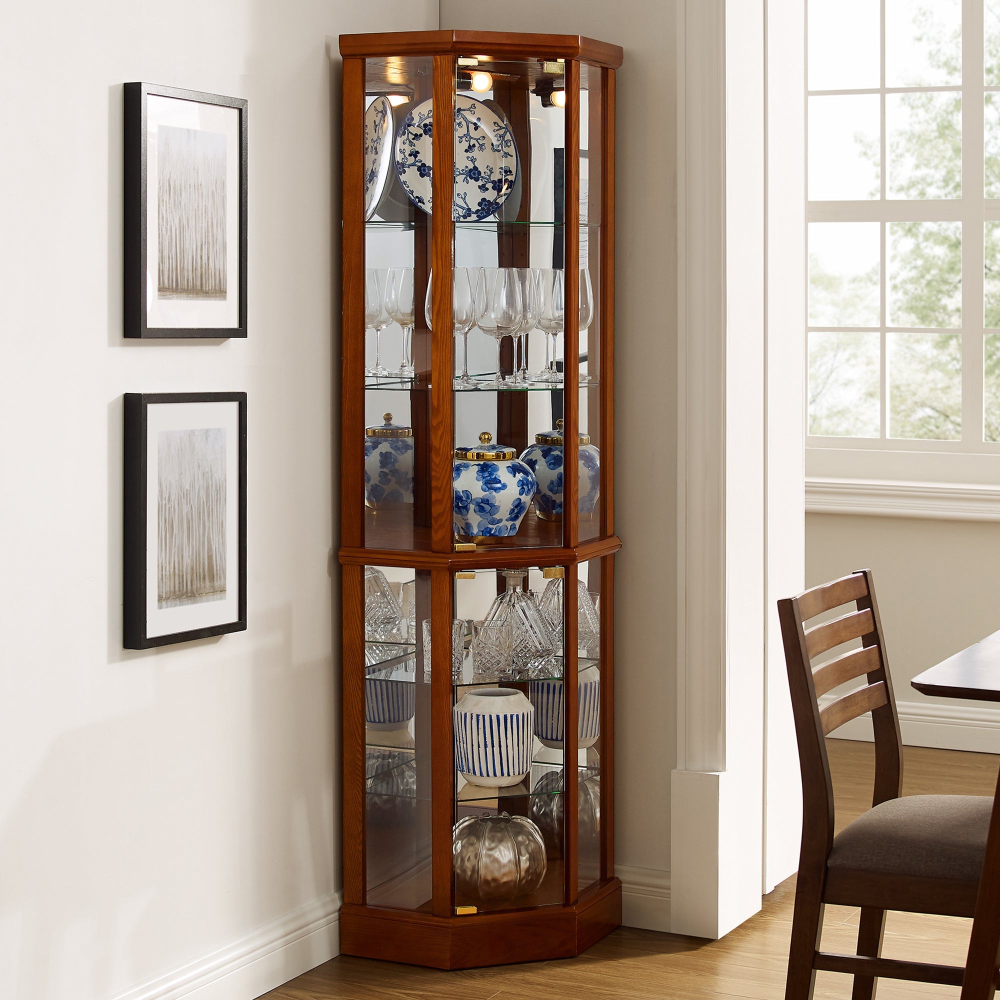 6 Shelf Lighted Corner Curio Cabinet with Adjustable Tempered Glass Shelves and Mirror Back, Oak