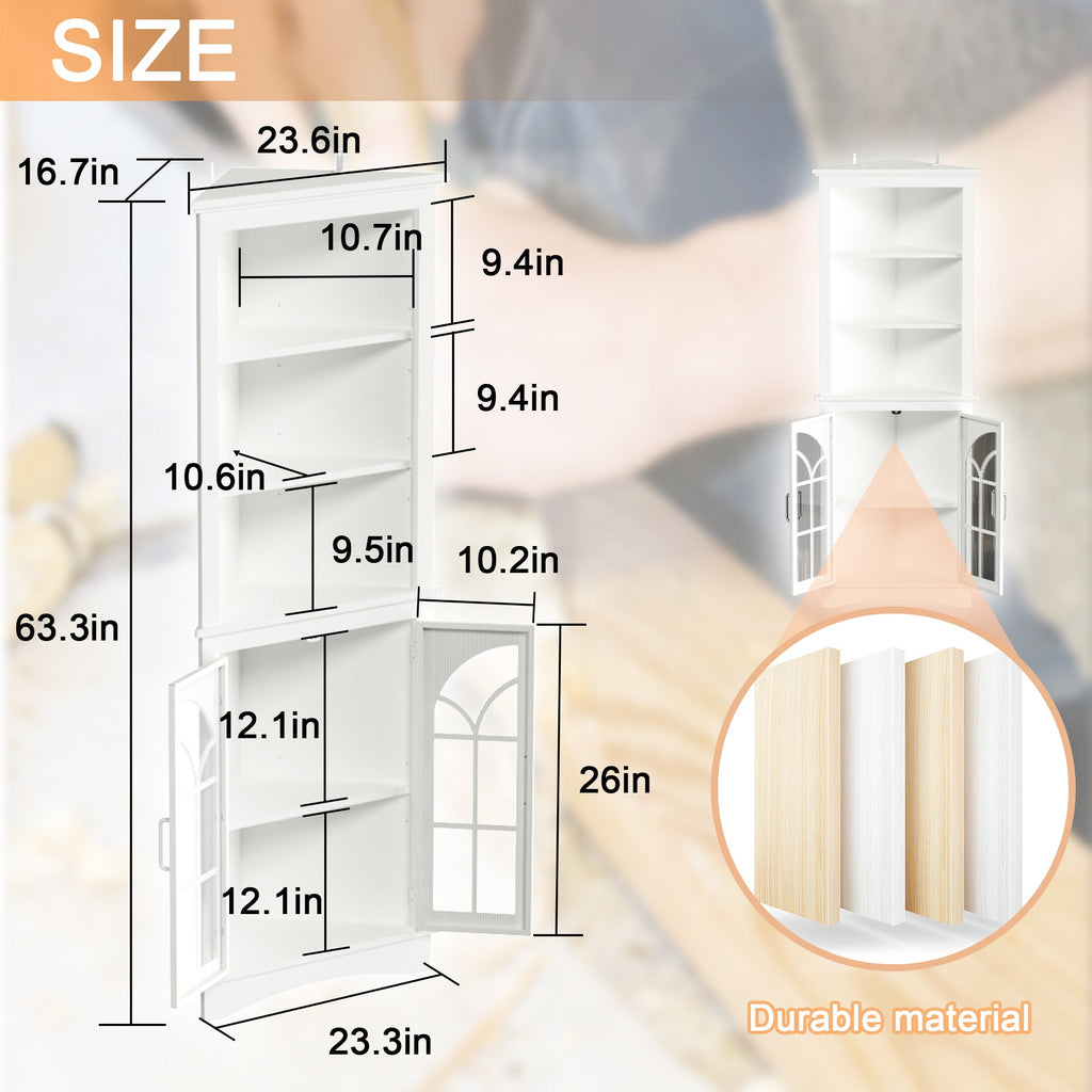 Corner Storage Cabinet, 63.3' Tall Freestanding Bookcase with  Doors & Adjustable Shelves, 5-Tier Corner Display Cabinet for Living Room, Office, Dining Room, White