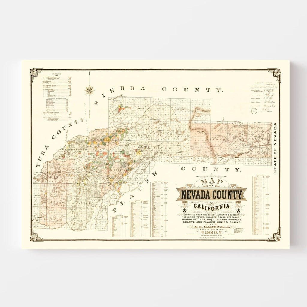 Vintage Map of Nevada County, California 1880
