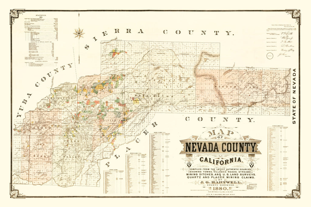 Vintage Map of Nevada County, California 1880