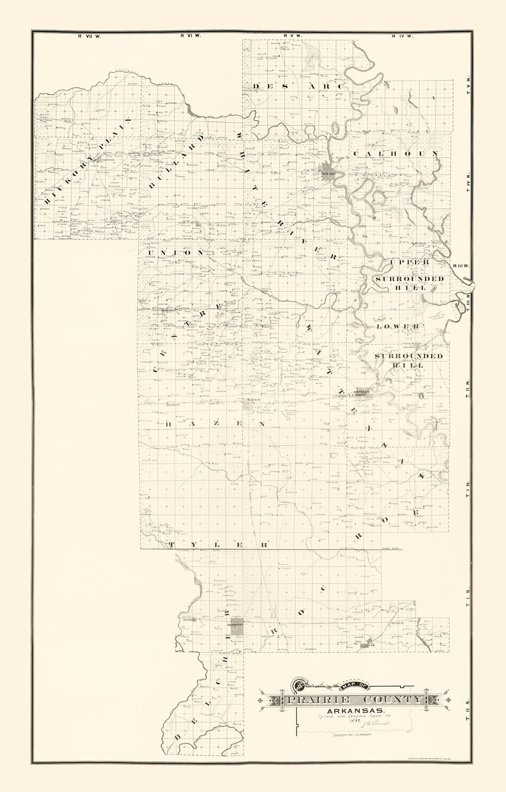 Vintage Map of Prairie County, Arkansas 1892