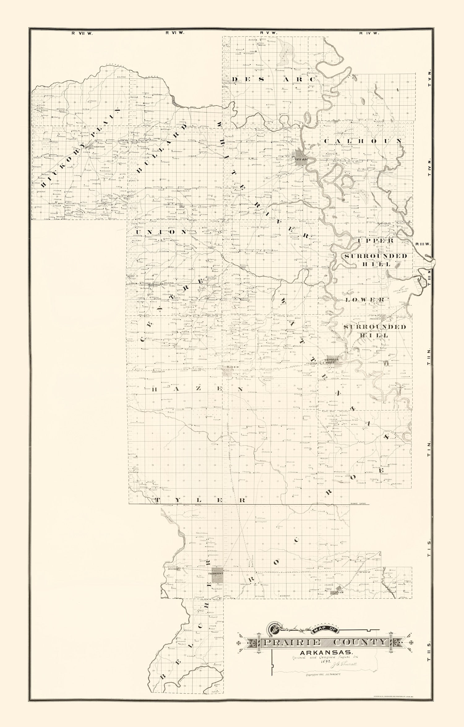 Vintage Map of Prairie County, Arkansas 1892