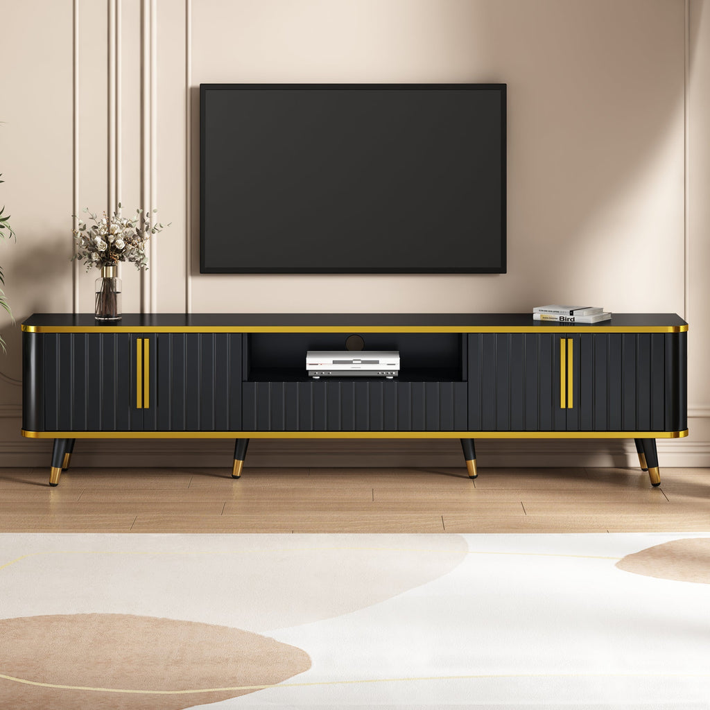 ON-TREND Luxury Minimalism TV Stand with Open Storage Shelf for TVs Up to 85', Entertainment Center with Cabinets and Drawers, Practical Media Console with Unique Legs for Living Room, Black