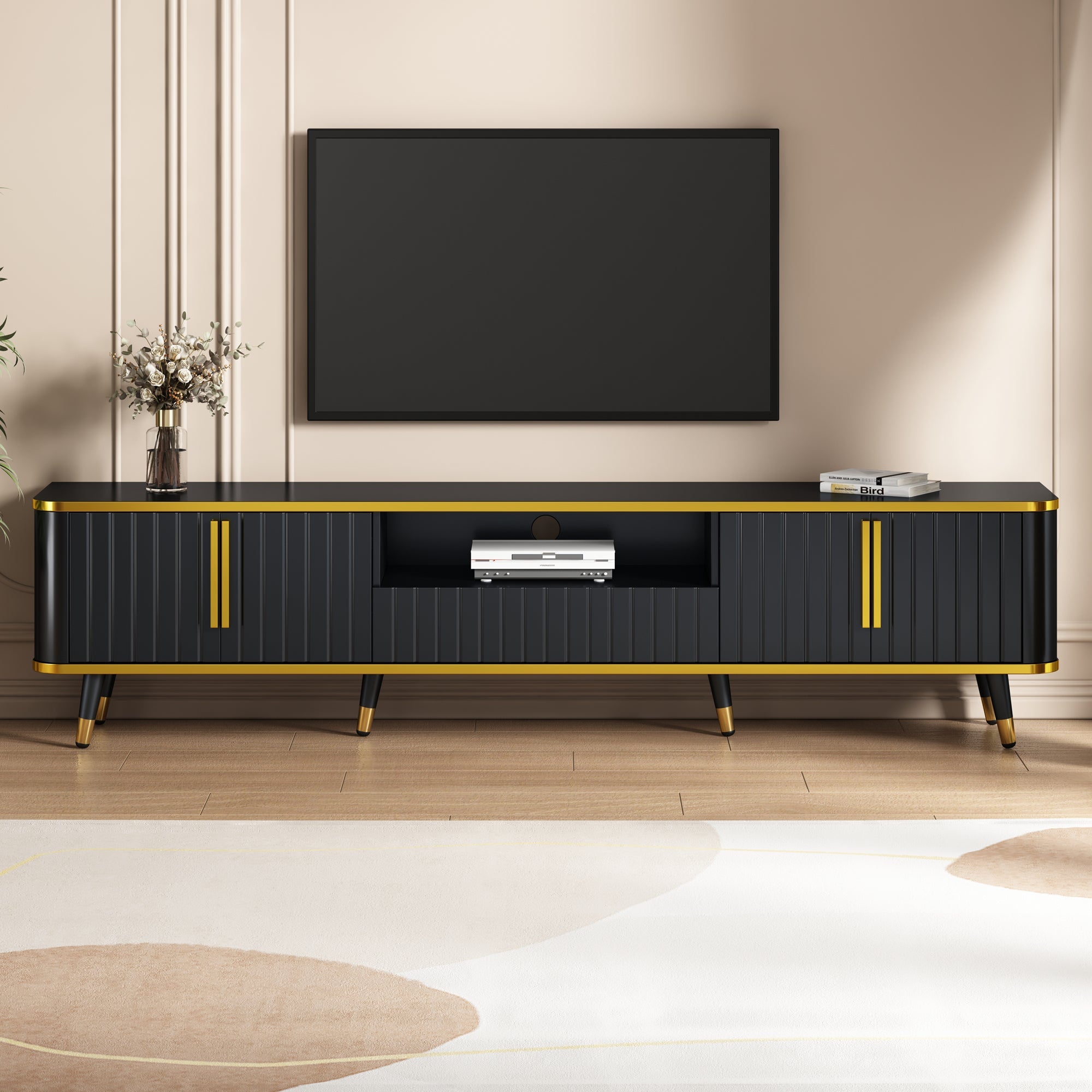 ON-TREND Luxury Minimalism TV Stand with Open Storage Shelf for TVs Up to 85', Entertainment Center with Cabinets and Drawers, Practical Media Console with Unique Legs for Living Room, Black