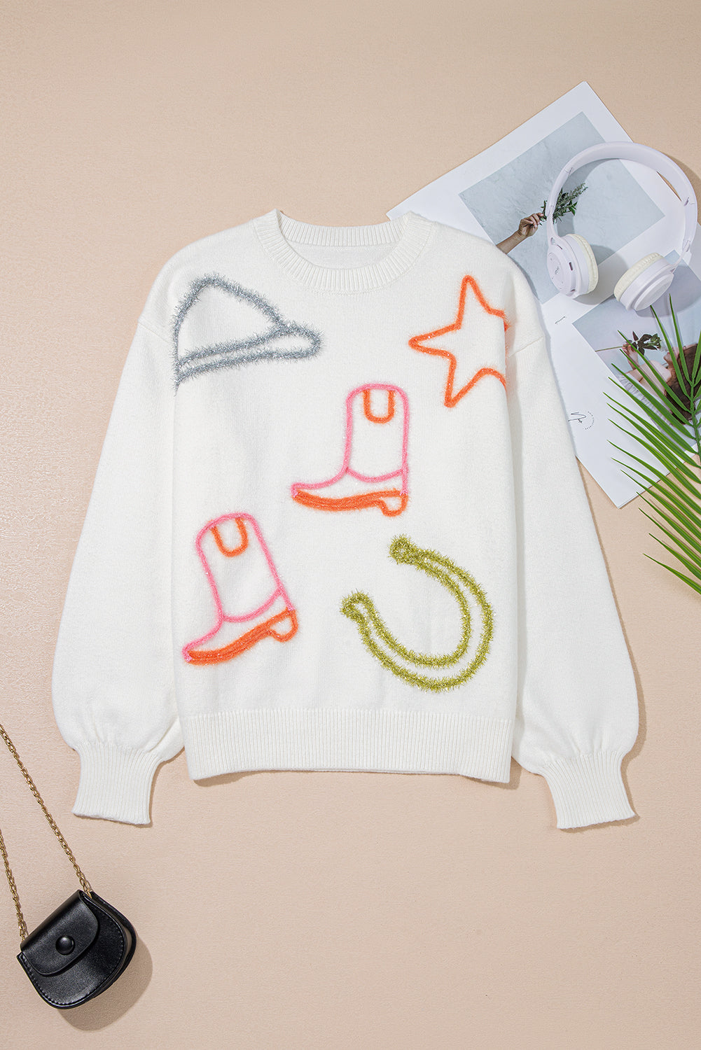 Western Tinsel Boots Crew Neck Sweater