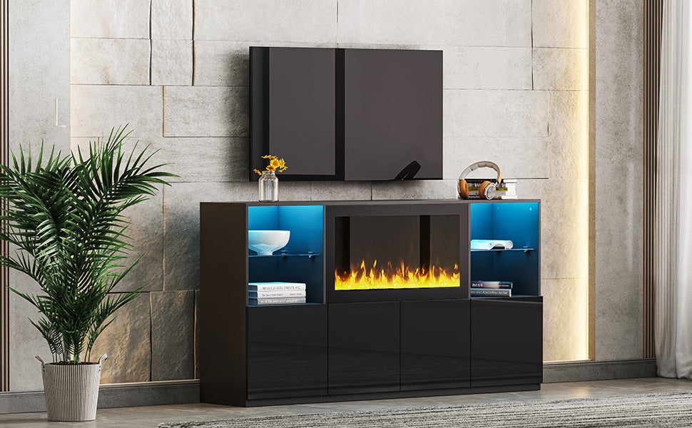 ON-TREND High Gloss TV Stand with 34.2' Non-heating Electric Fireplace, Modern Entertainment Center with LED Light, Media Console with Tempered Glass Shelves for TVs up to 75', Living Room, Black