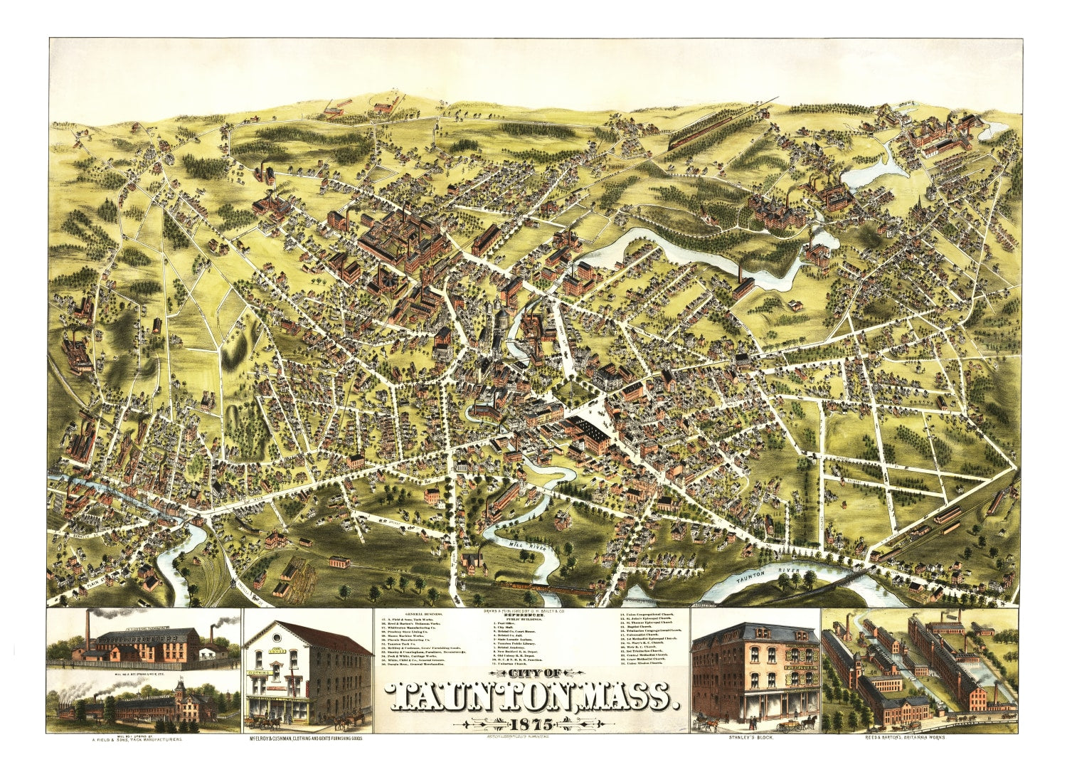 Vintage Map of Taunton, Massachusetts 1875