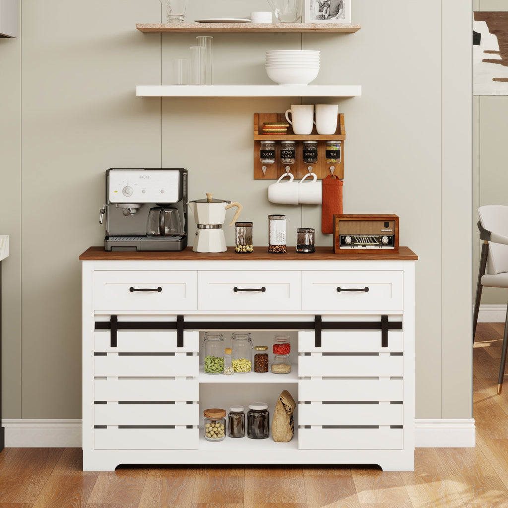 53' Farmhouse Sideboard Buffet Storage Cabinet with 3 Drawers, 2 Sliding Barn Doors, 2 Adjustable Shelves, Coffee Bar Cabinet for Kitchen, Living Room, Dining Room-White