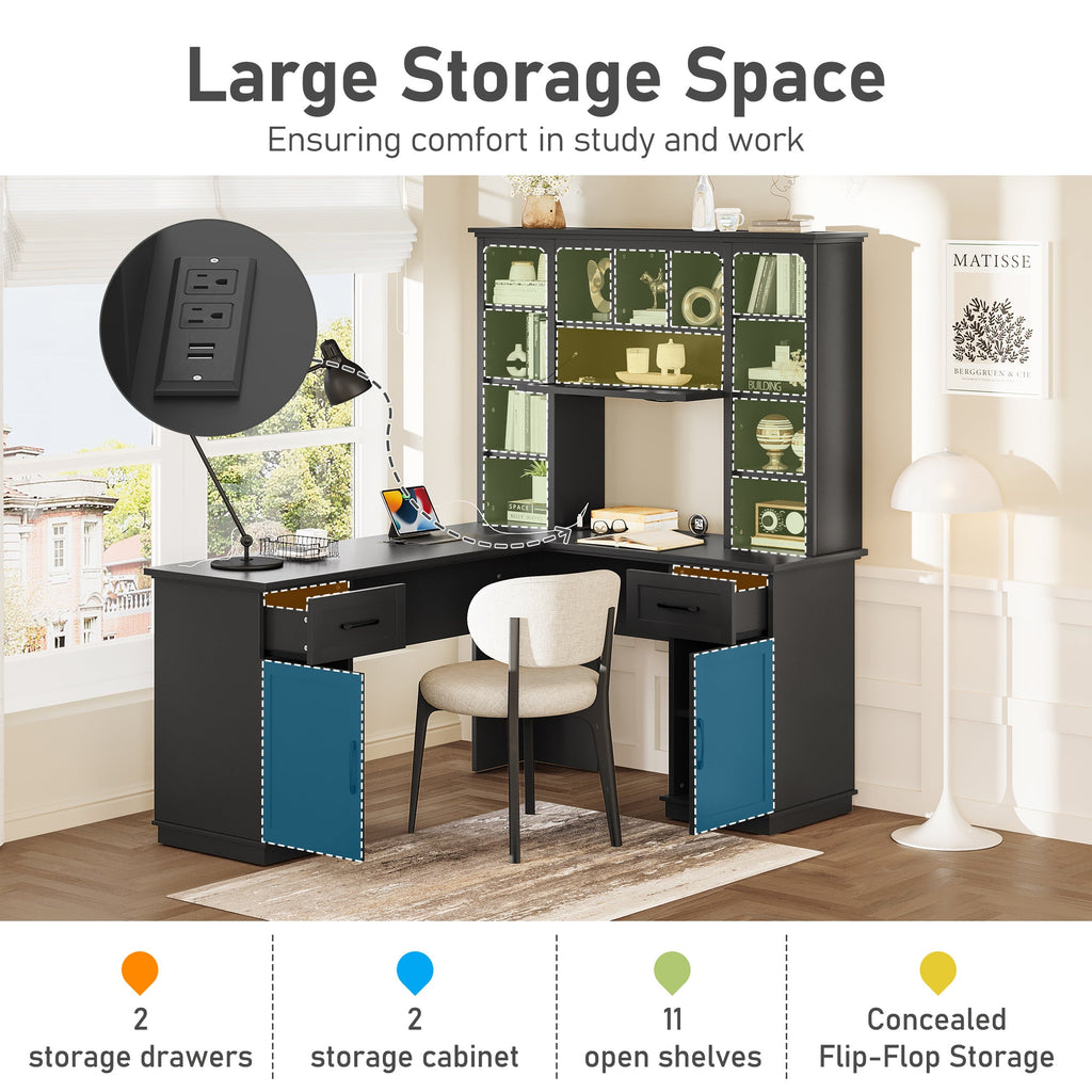L-shaped computer desk with 2 cabinets and 2 drawers underneath the table, 11 open shelves and a flip-up shelf with storage on the right side, suitable for study, living room and office, Black