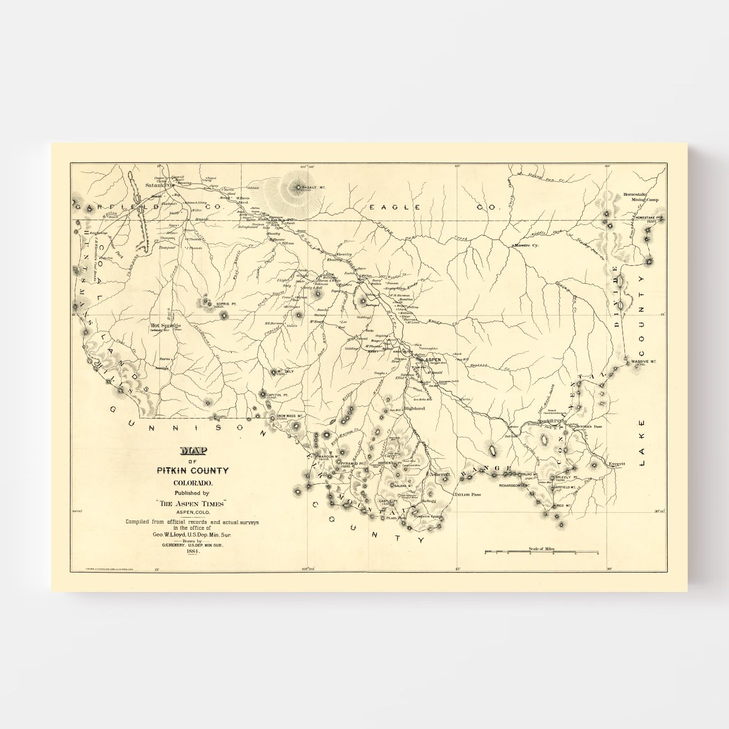 Vintage Map of Pitkin County, Colorado 1884