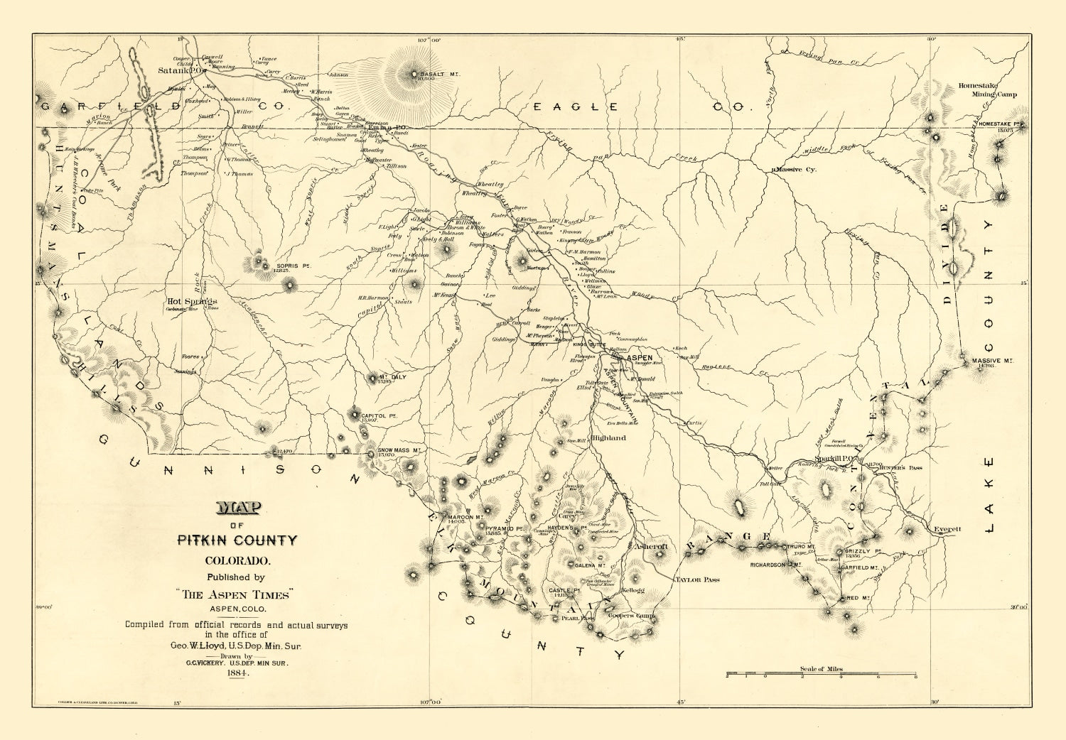 Vintage Map of Pitkin County, Colorado 1884