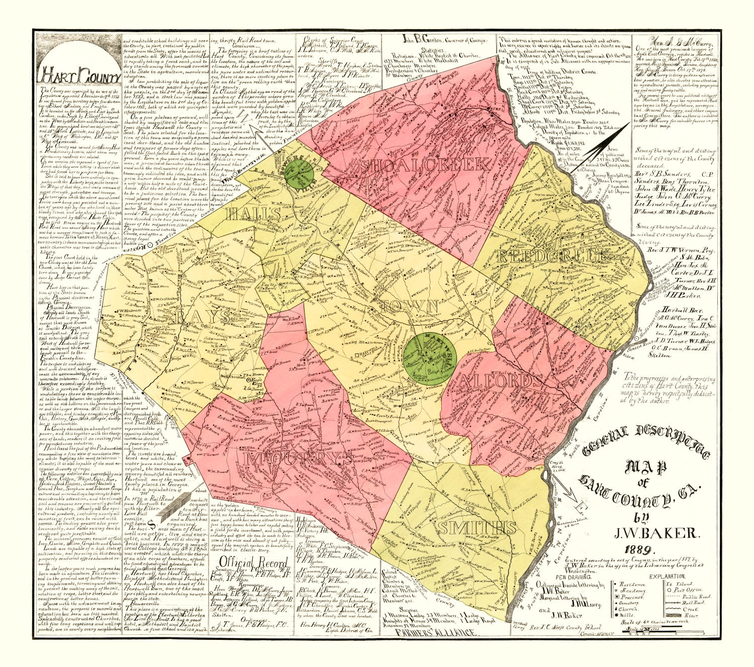 Vintage Map of Hart County, Georgia 1889