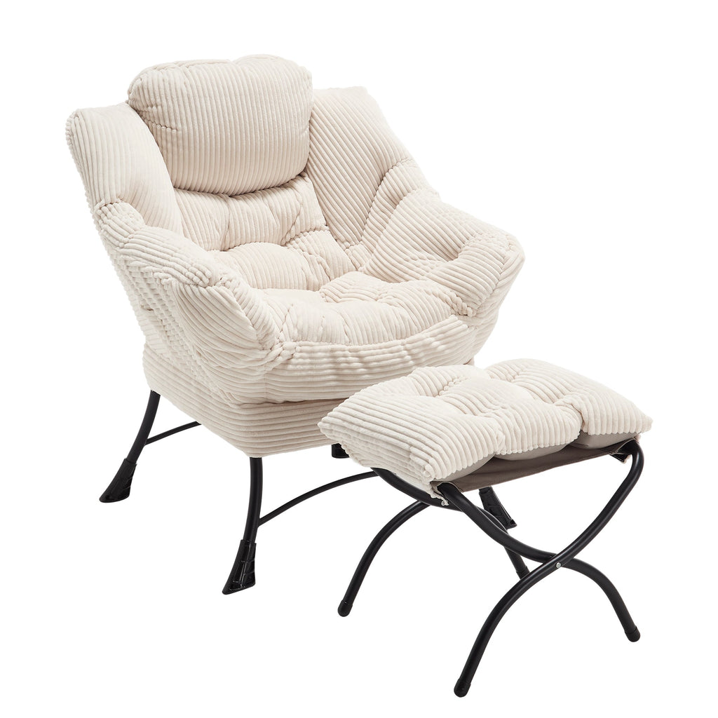 Lazy Chair with Ottoman, Modern Lounge Accent Chair with Armrests and a Side Pocket, Leisure Upholstered Sofa Chair Reading Chair with Footrest for Small Space, Corner Chair-White
