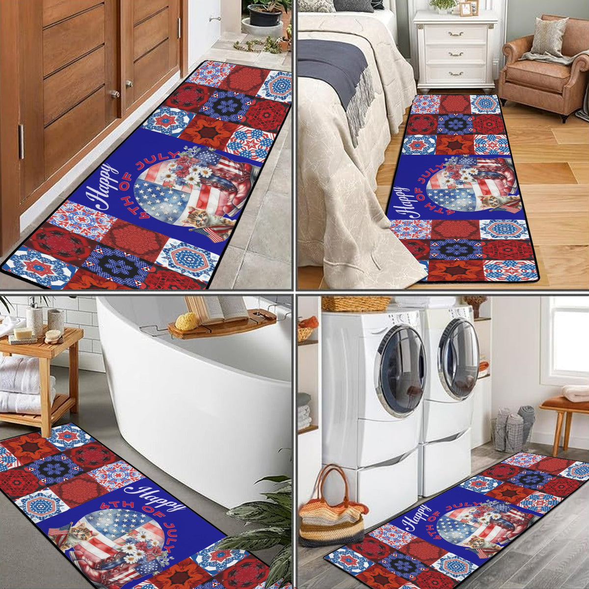 Kitten and Boots 4th of July 48x16 inch Area Rug with Black Binding (Made in USA)